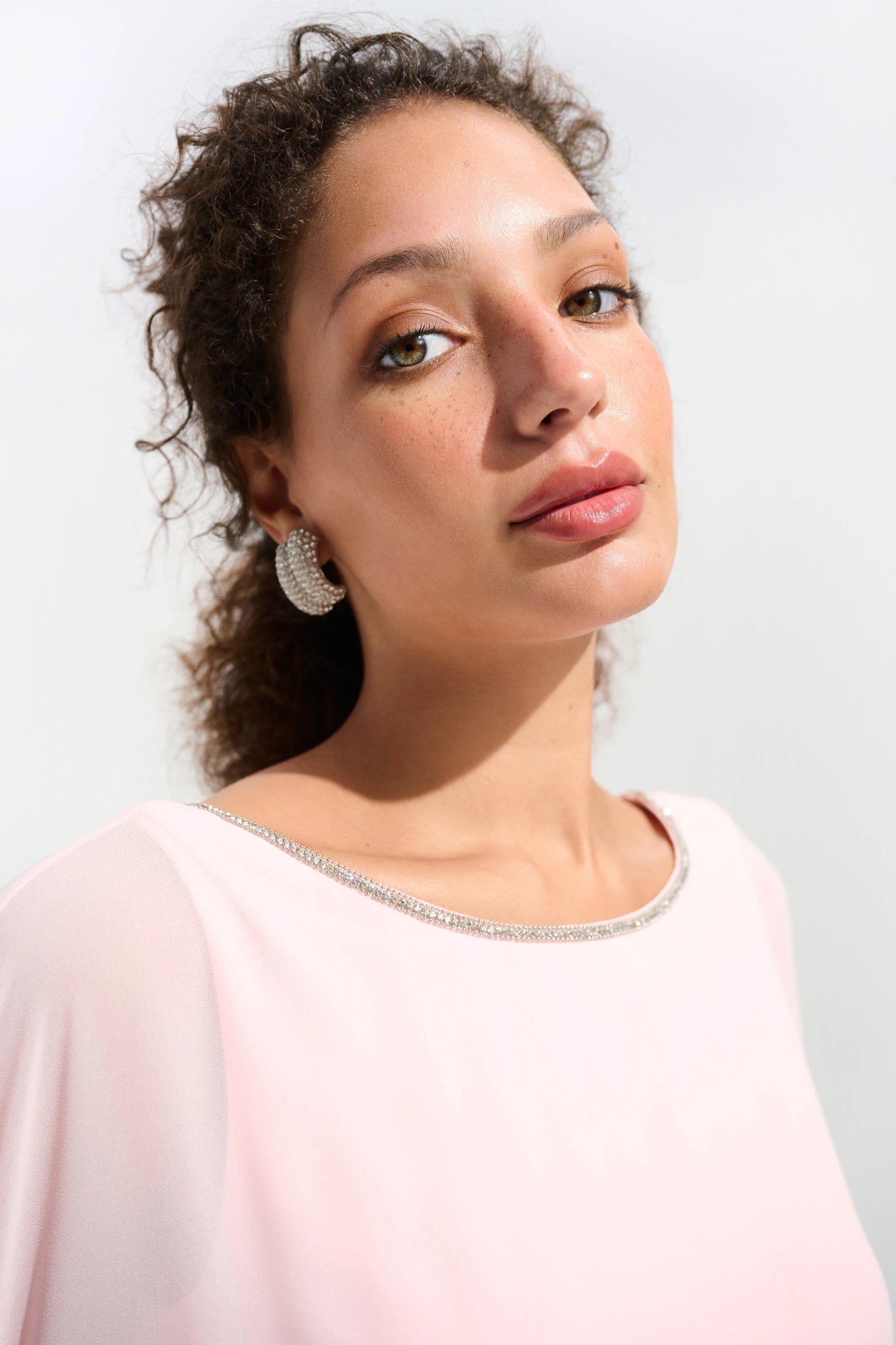 Cascade Knit Sheath Dress With Chiffon Poncho Overlay in Petal Pink 261707