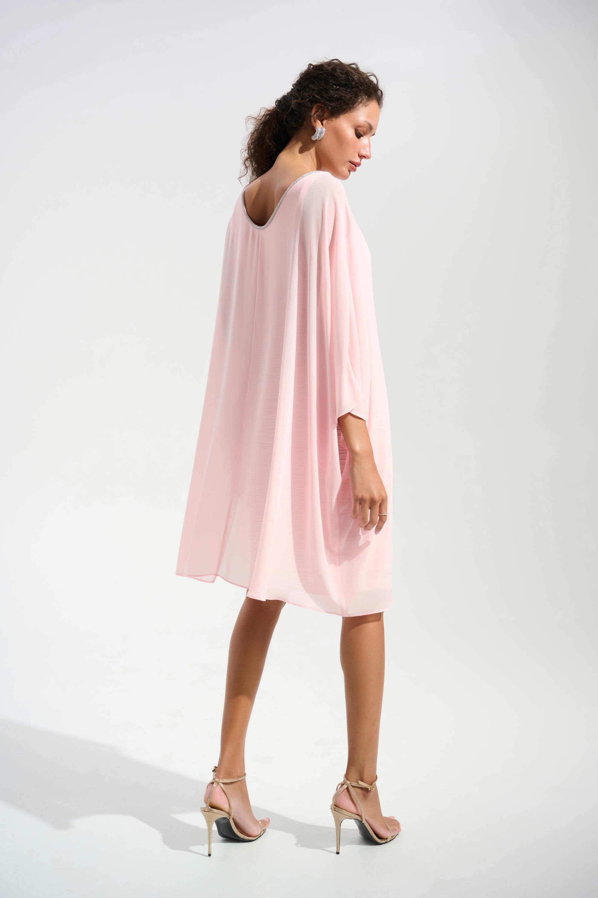 Cascade Knit Sheath Dress With Chiffon Poncho Overlay in Petal Pink 261707