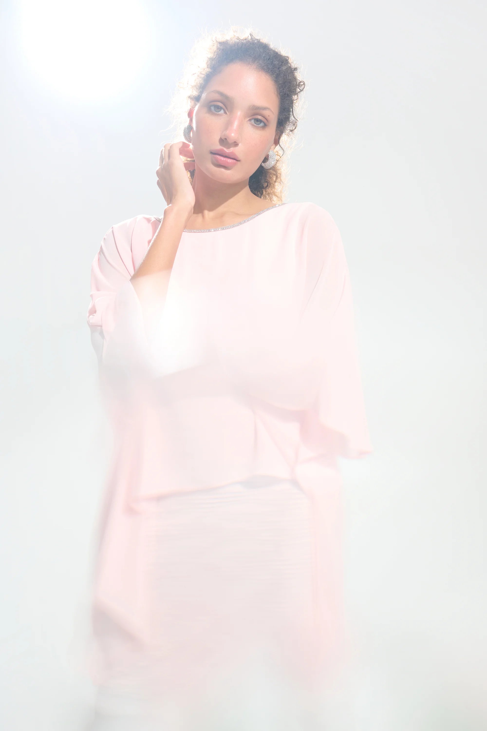 Cascade Knit Sheath Dress With Chiffon Poncho Overlay in Petal Pink 261707