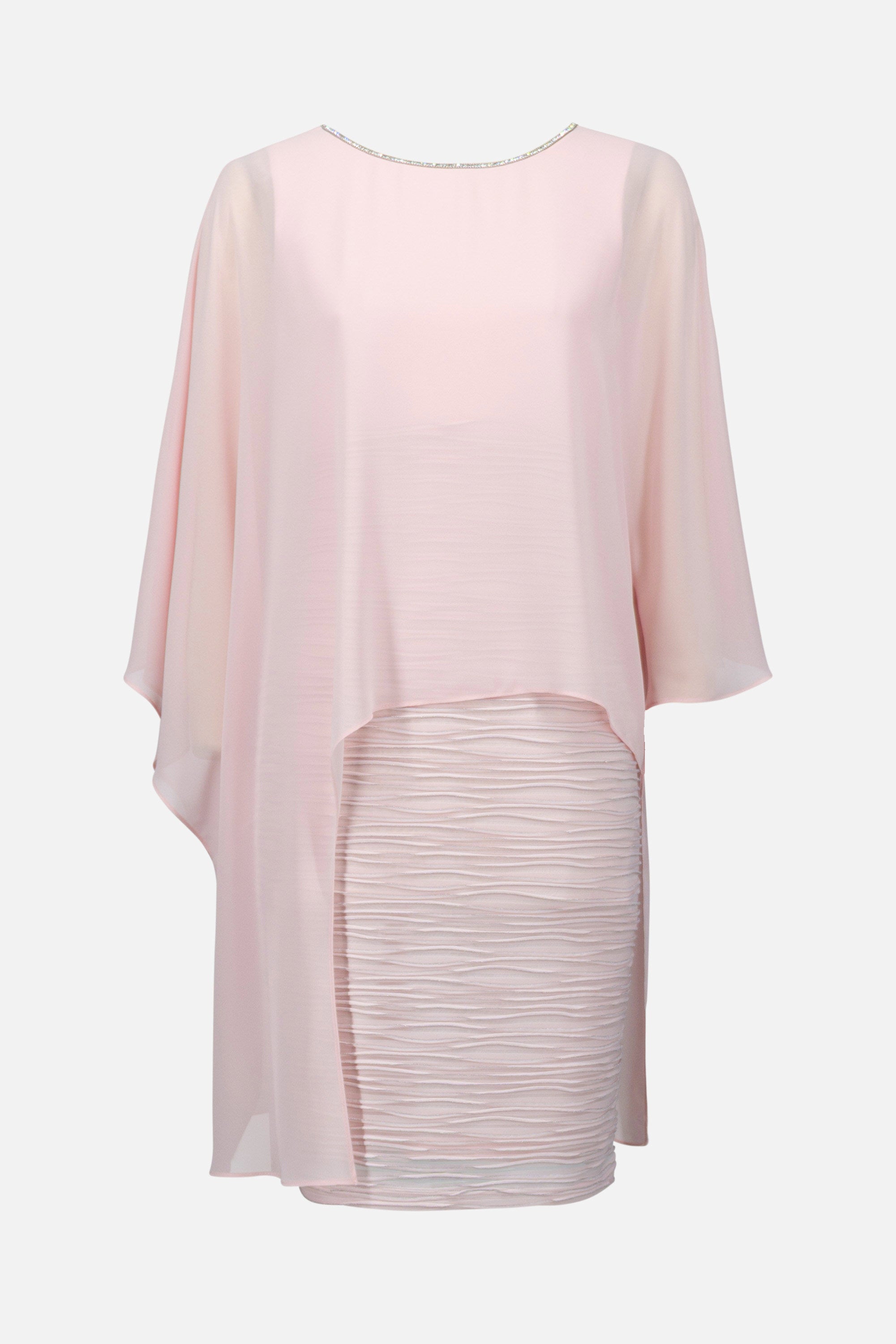 Cascade Knit Sheath Dress With Chiffon Poncho Overlay in Petal Pink 261707
