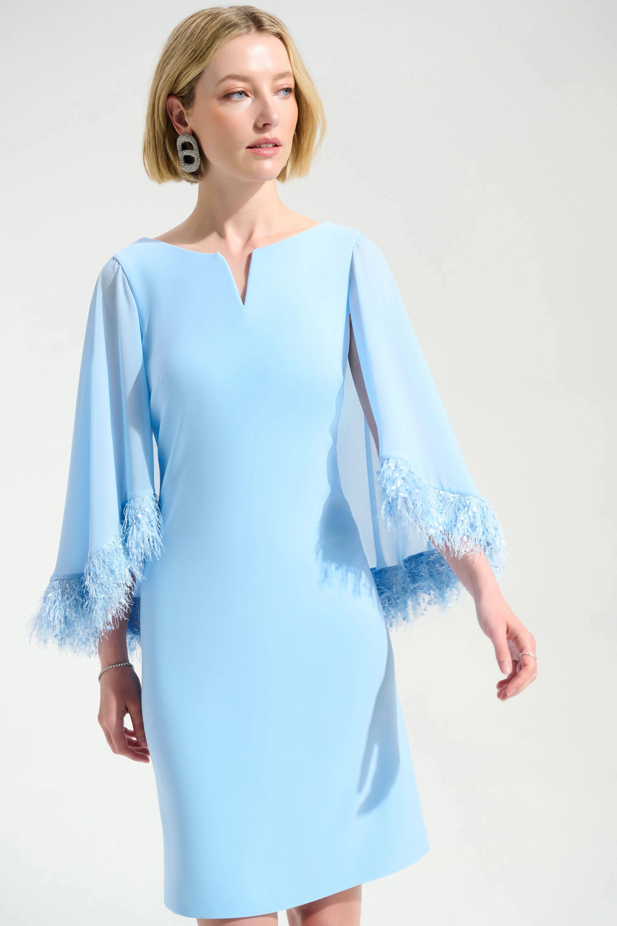 Silky Knit A-Line Dress With Chiffon Cape And Novelty Trim in Soft Blue 261715