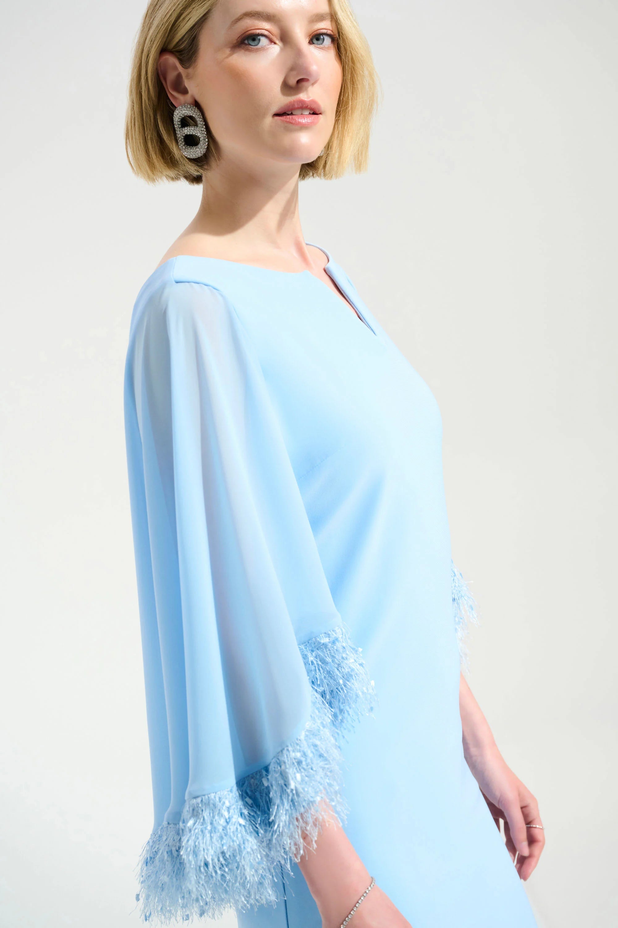 Silky Knit A-Line Dress With Chiffon Cape And Novelty Trim in Soft Blue 261715