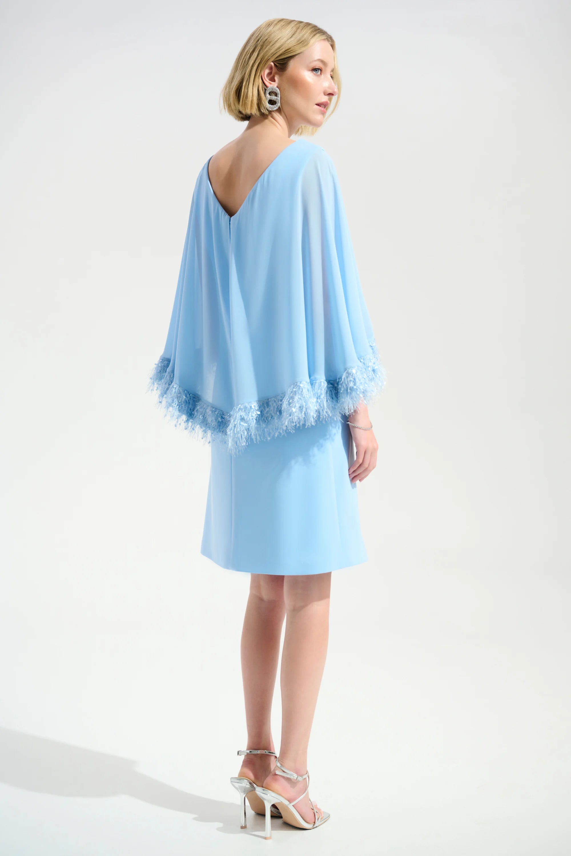 Silky Knit A-Line Dress With Chiffon Cape And Novelty Trim in Soft Blue 261715