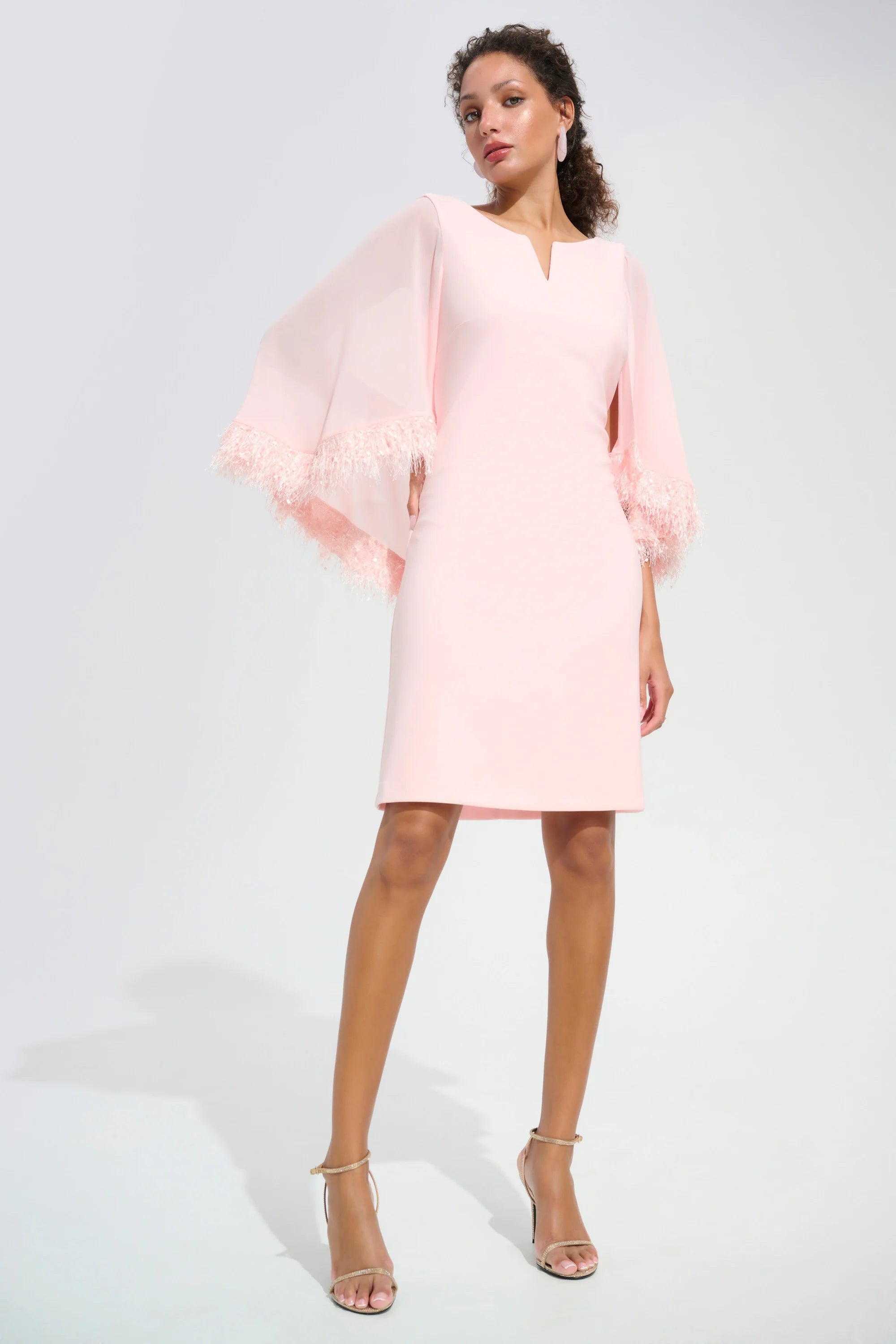 | Silky Knit A-Line Dress With Chiffon Cape And Novelty Trim in Petal Pink 261715