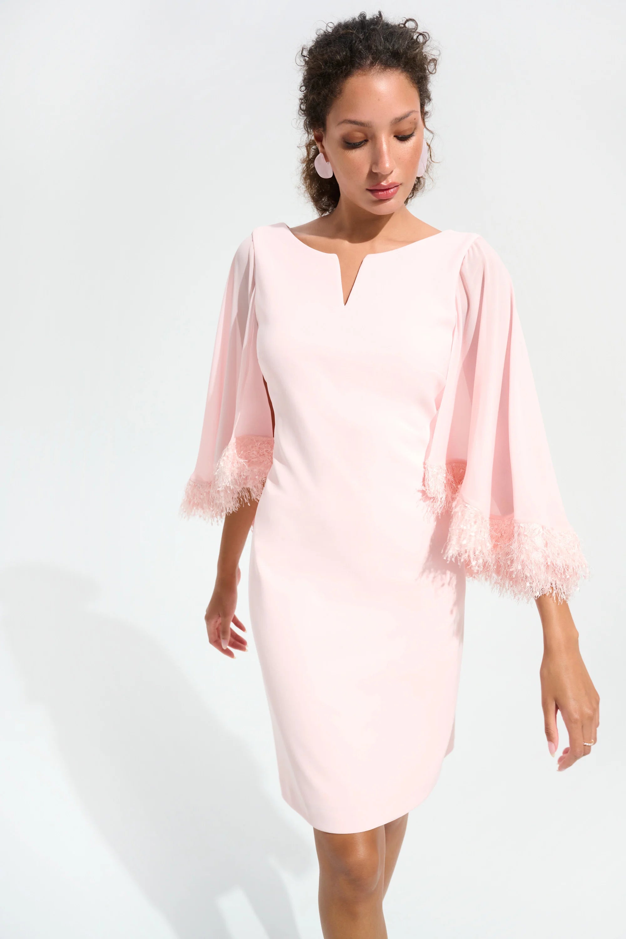 | Silky Knit A-Line Dress With Chiffon Cape And Novelty Trim in Petal Pink 261715