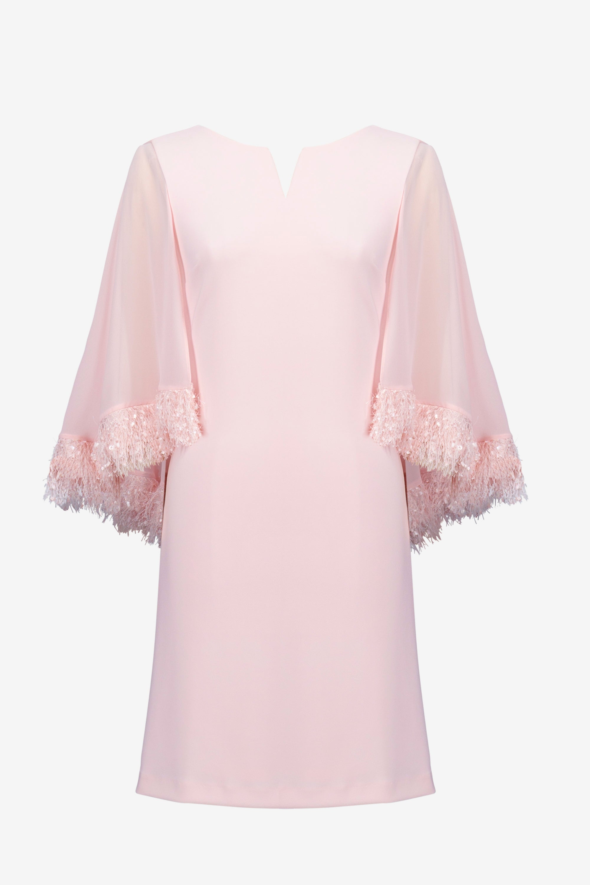 | Silky Knit A-Line Dress With Chiffon Cape And Novelty Trim in Petal Pink 261715