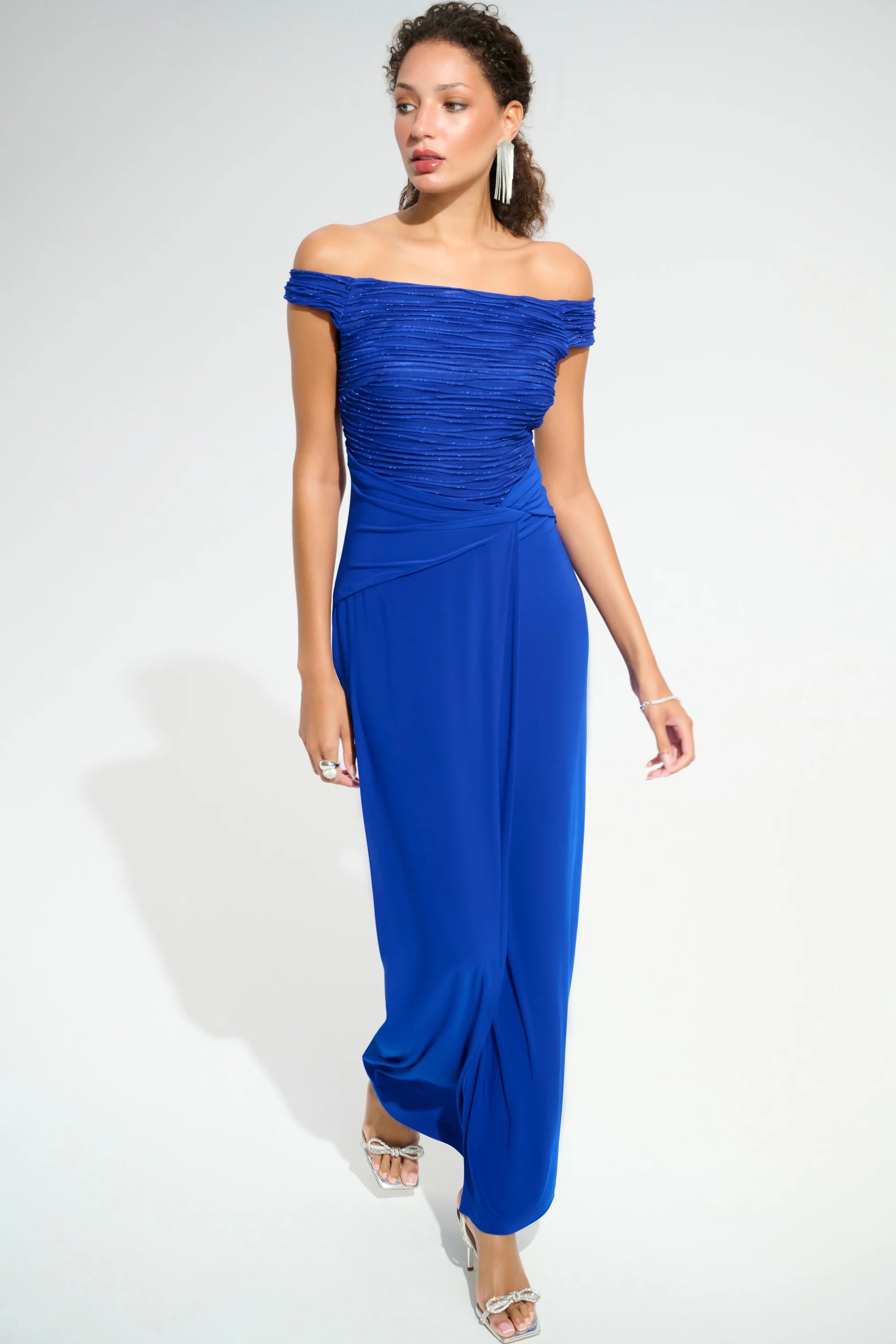 Silky Knit And Cascade Off-Shoulder Sheath Gown 261733