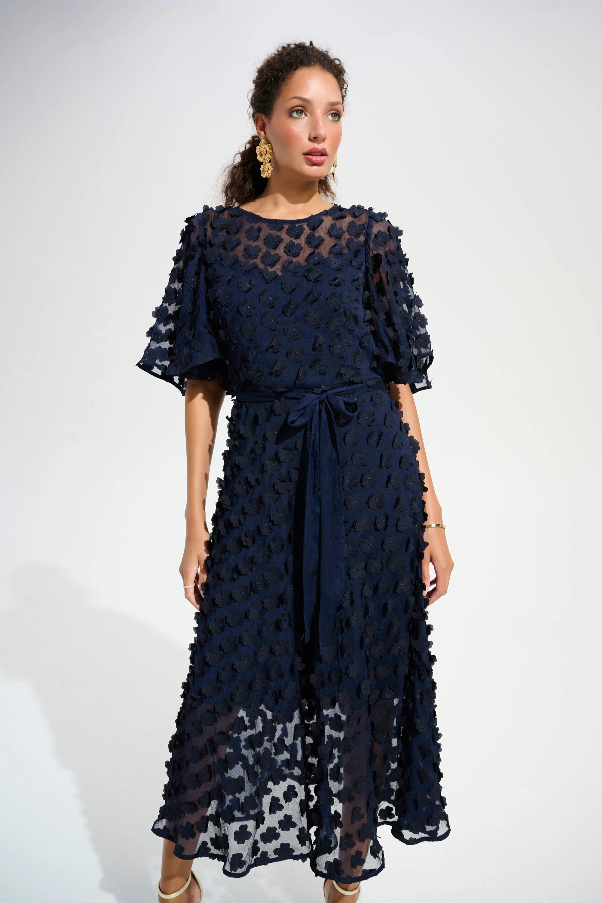 3D Embroidered Chiffon Fit And Flare Dress With Sash Belt in Navy 261738
