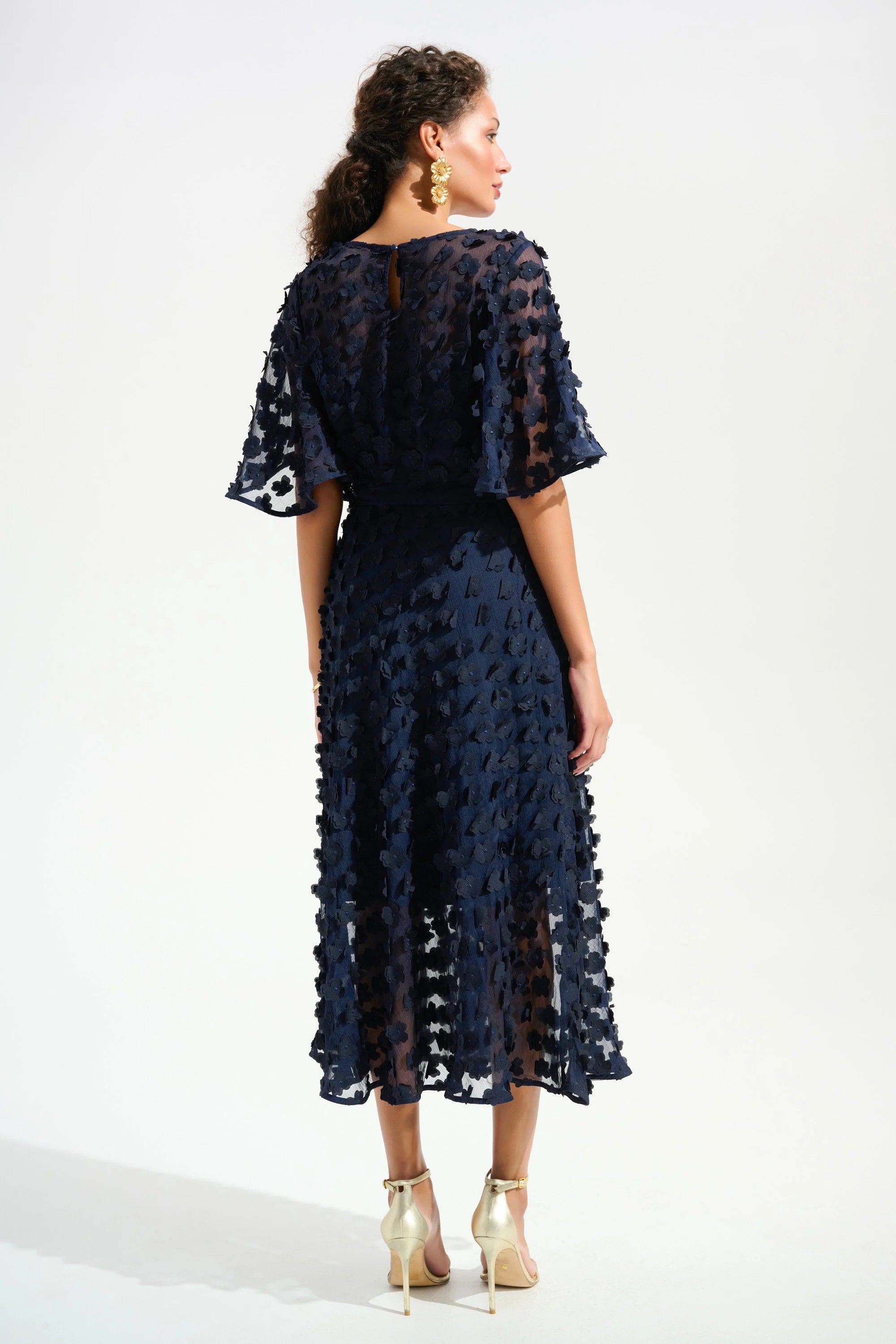 3D Embroidered Chiffon Fit And Flare Dress With Sash Belt in Navy 261738