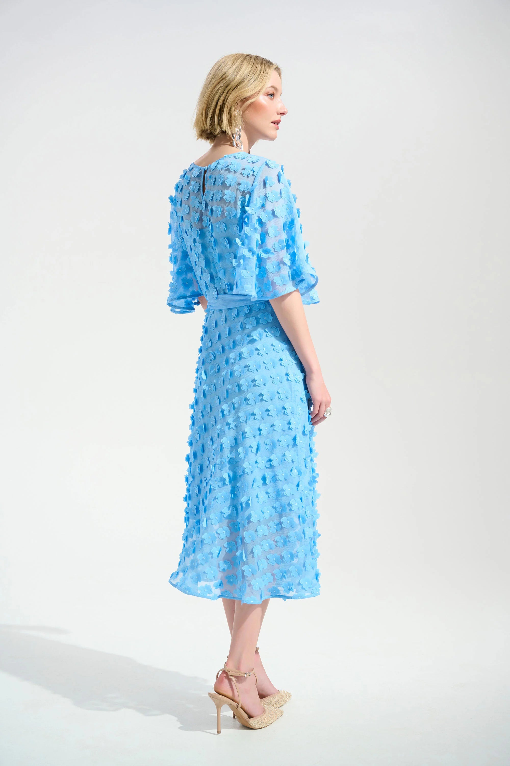 3D Embroidered Chiffon Fit And Flare Dress With Sash Belt 261738