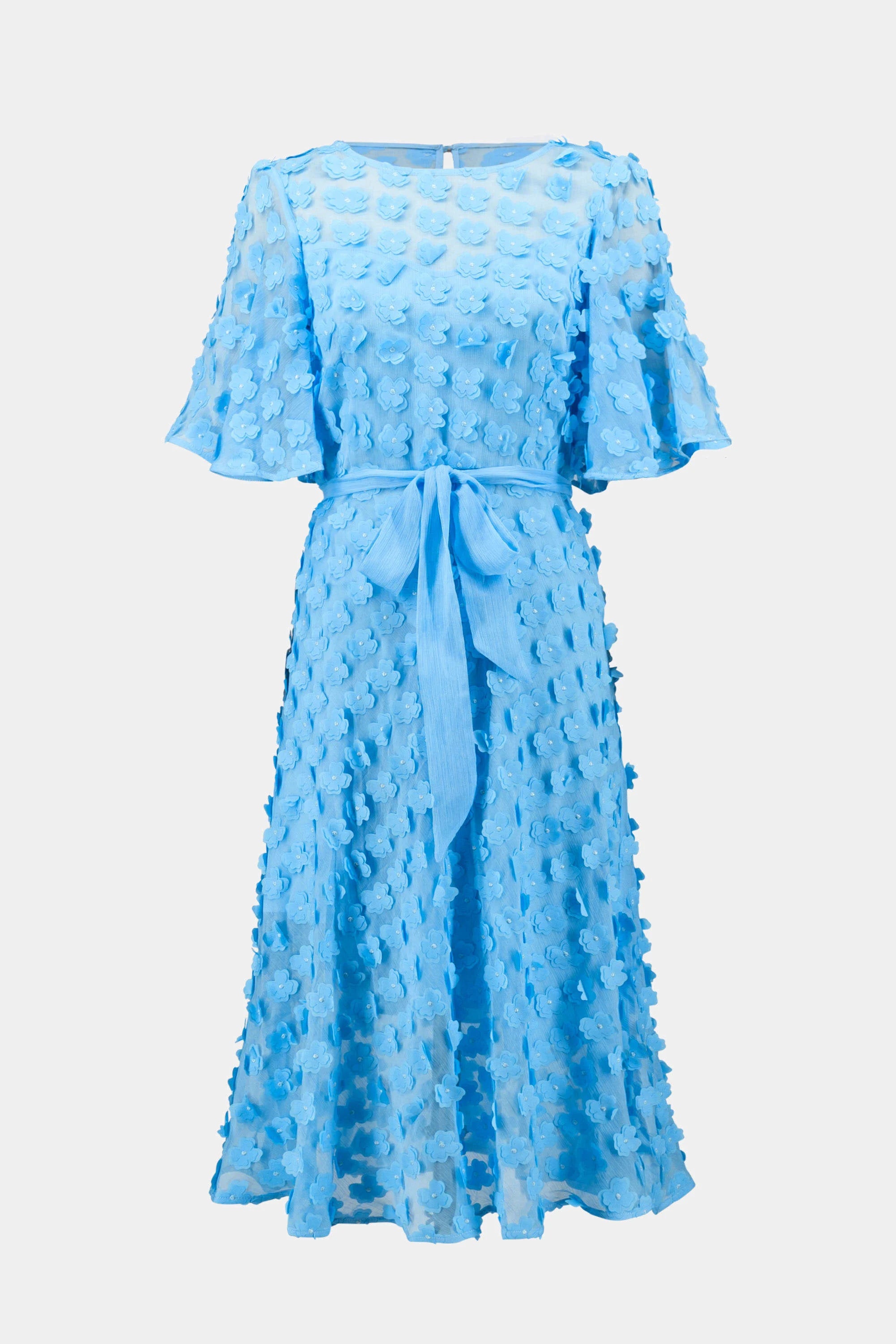 3D Embroidered Chiffon Fit And Flare Dress With Sash Belt 261738