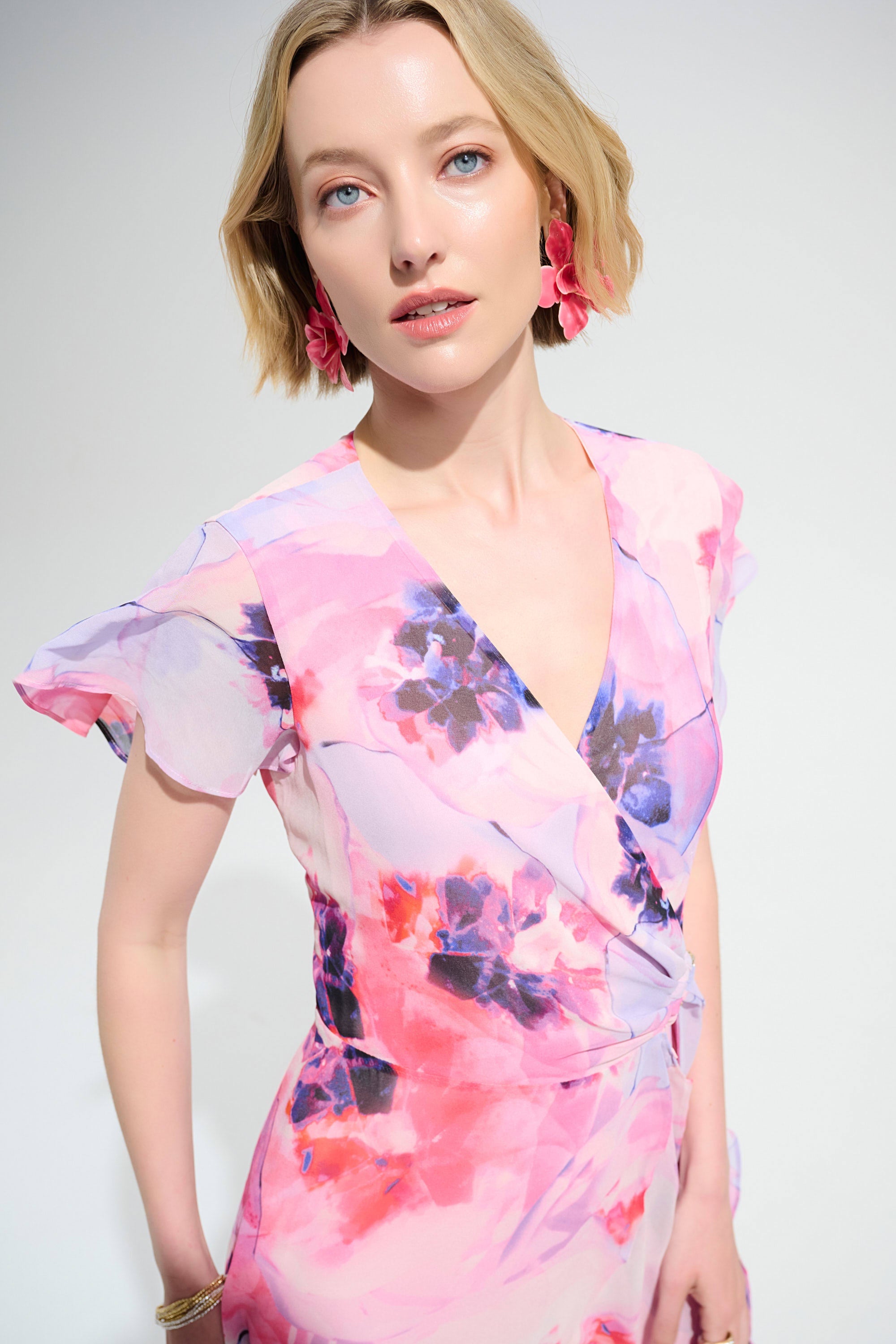 Chiffon Print Wrap Dress With Ruffle Detail in Multi 261739