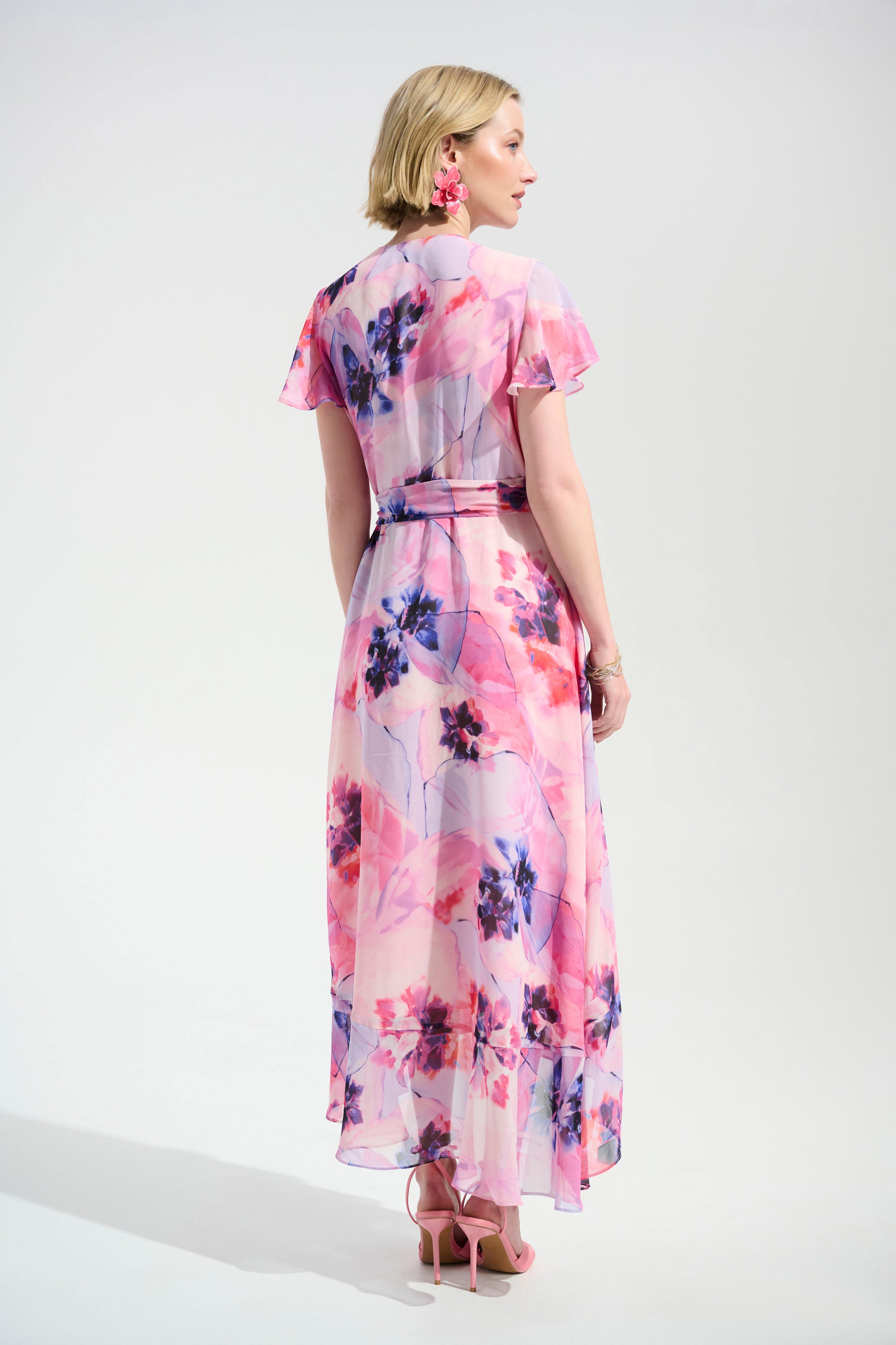 Chiffon Print Wrap Dress With Ruffle Detail in Multi 261739