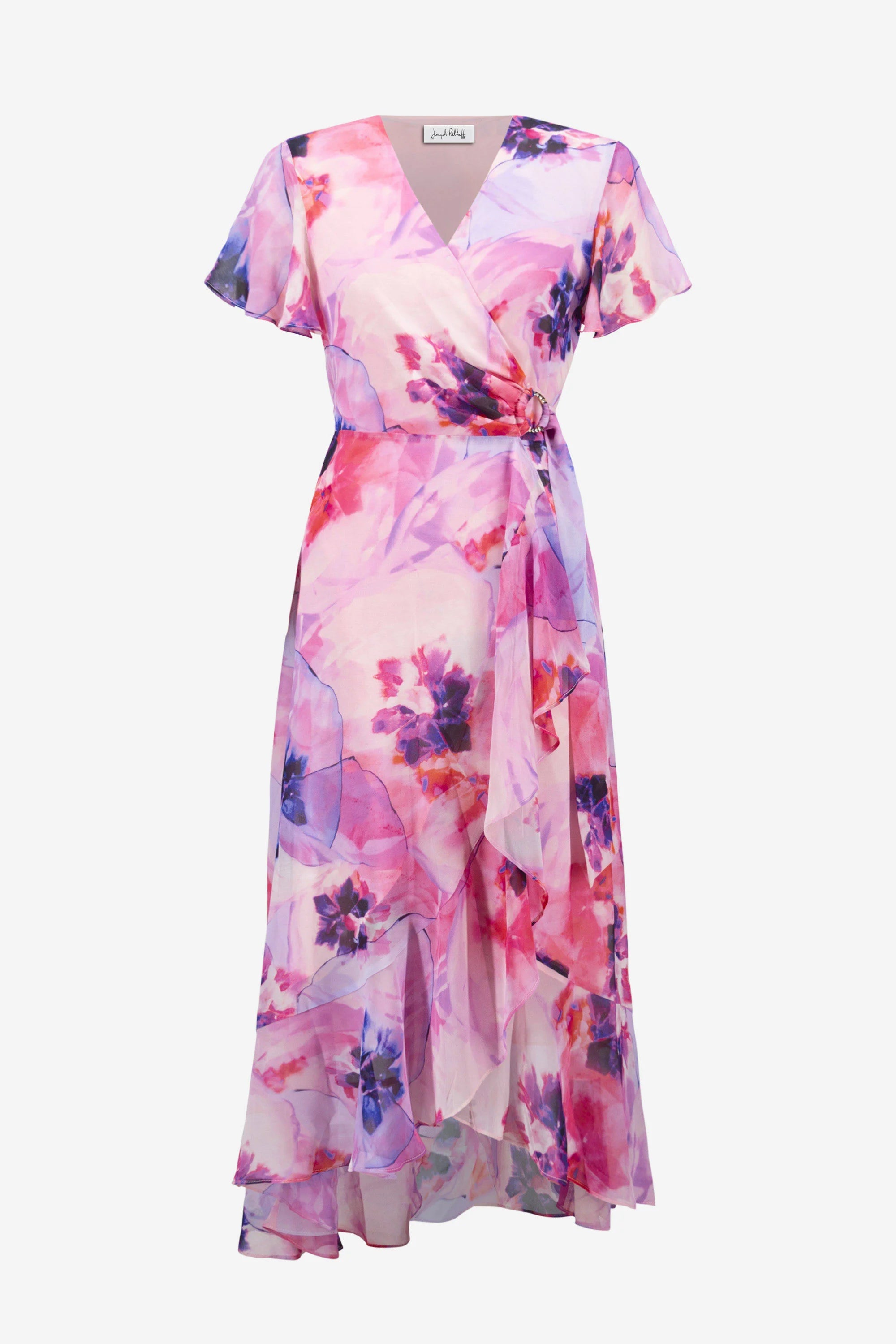 Chiffon Print Wrap Dress With Ruffle Detail in Multi 261739