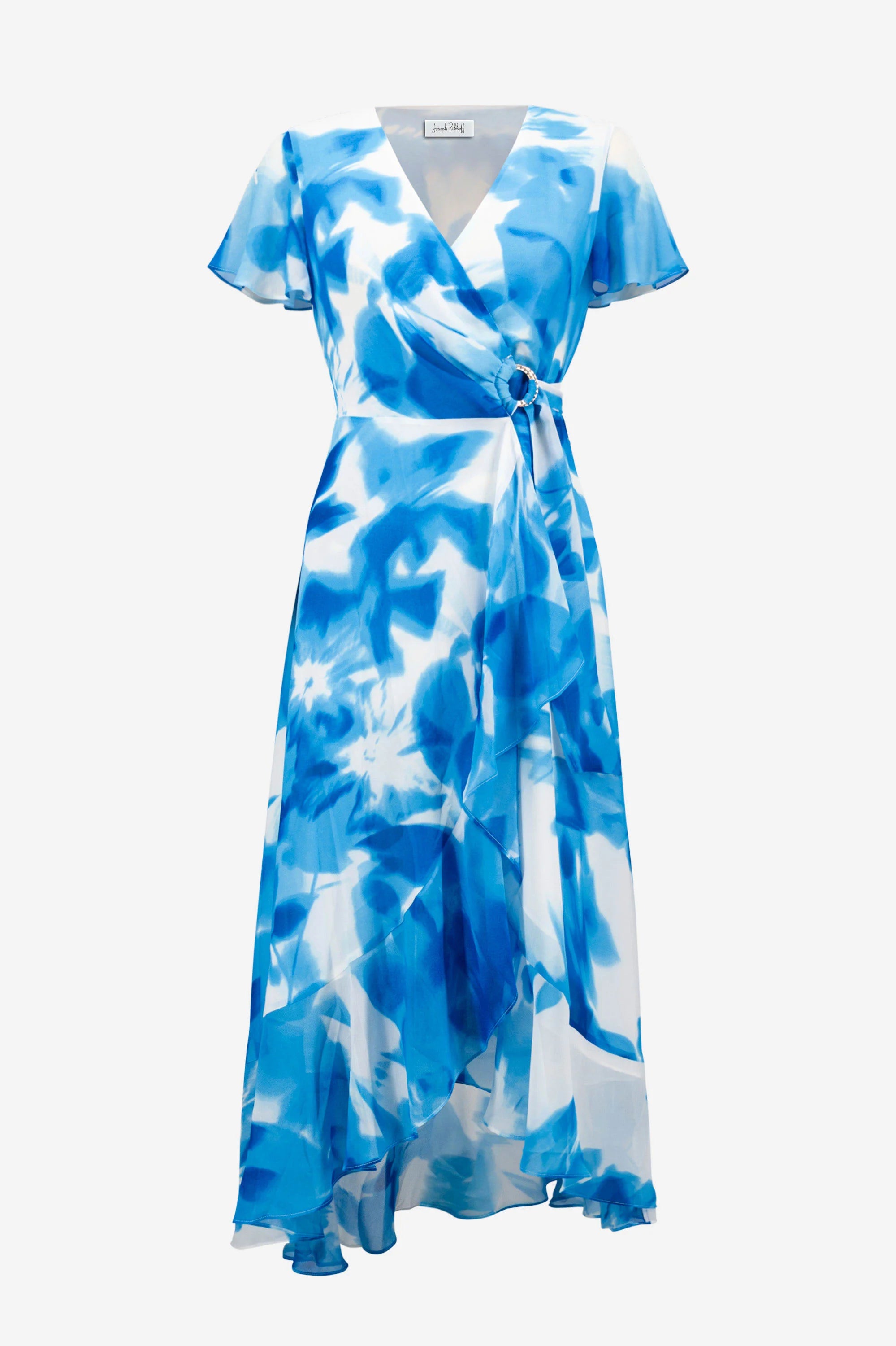 Chiffon Print Wrap Dress With Ruffle Detail in Vanilla/Blue 261739
