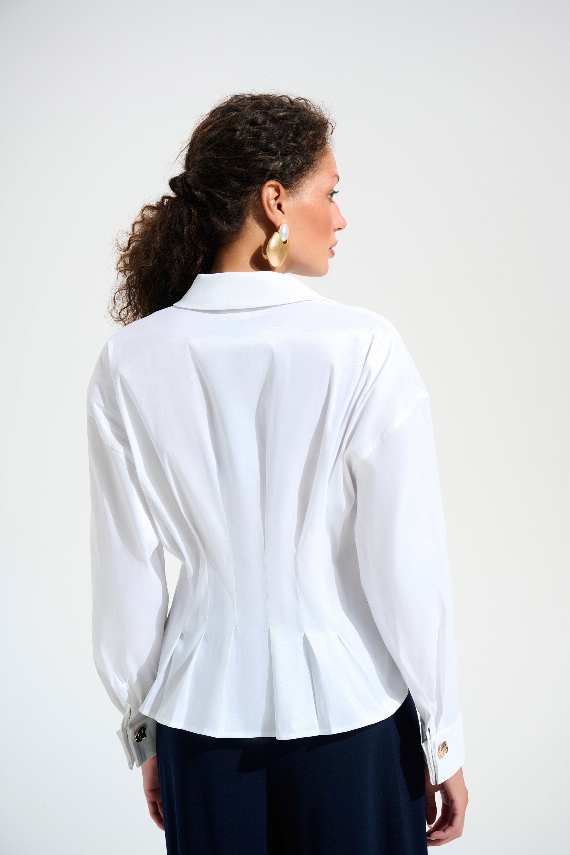 Stretch Taffeta Fit And Flare Blouse With Chain Link Button Cuffs in Vanilla 261742