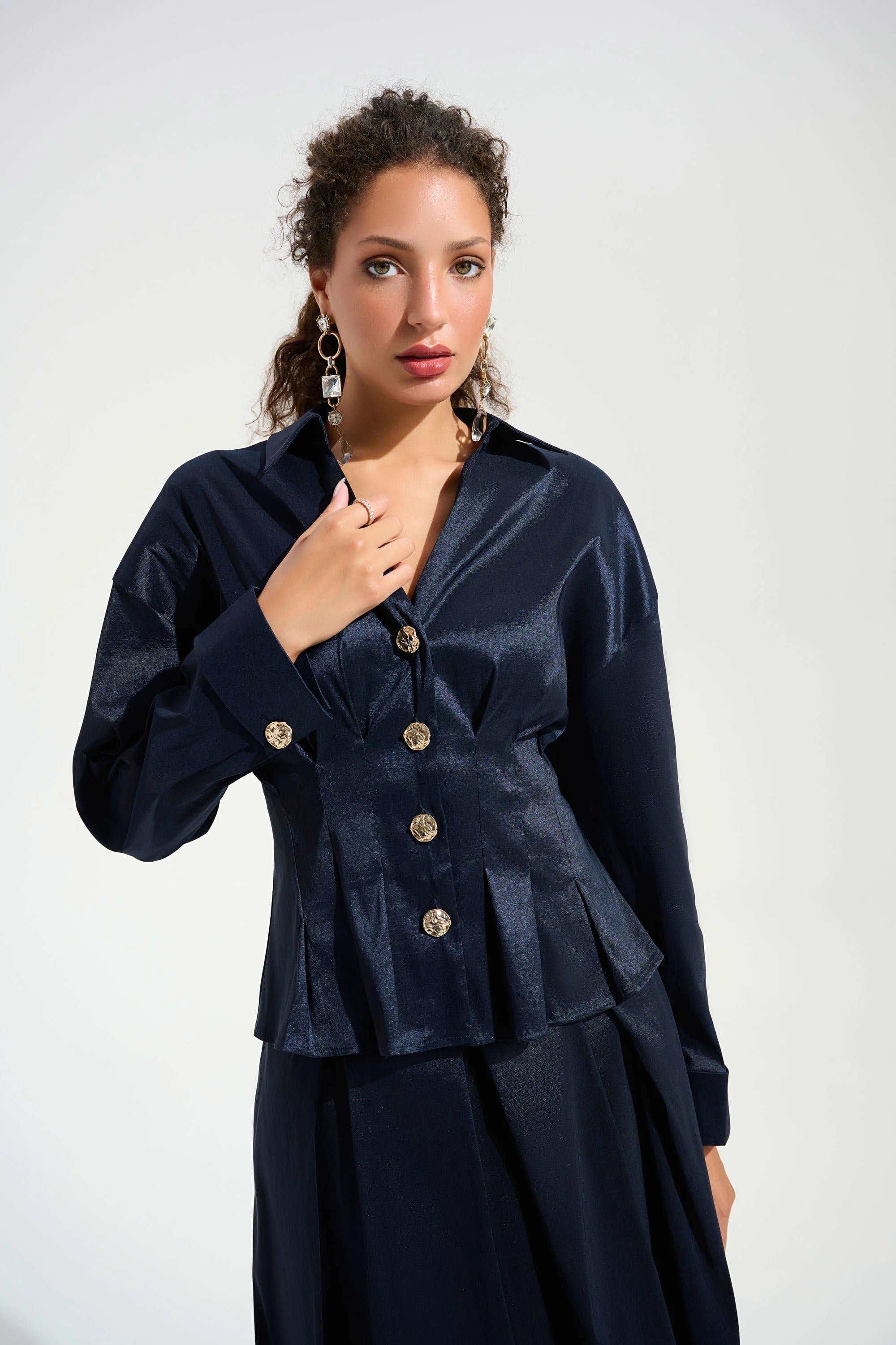 Stretch Taffeta Fit And Flare Blouse With Chain Link Button Cuffs in Navy 261742