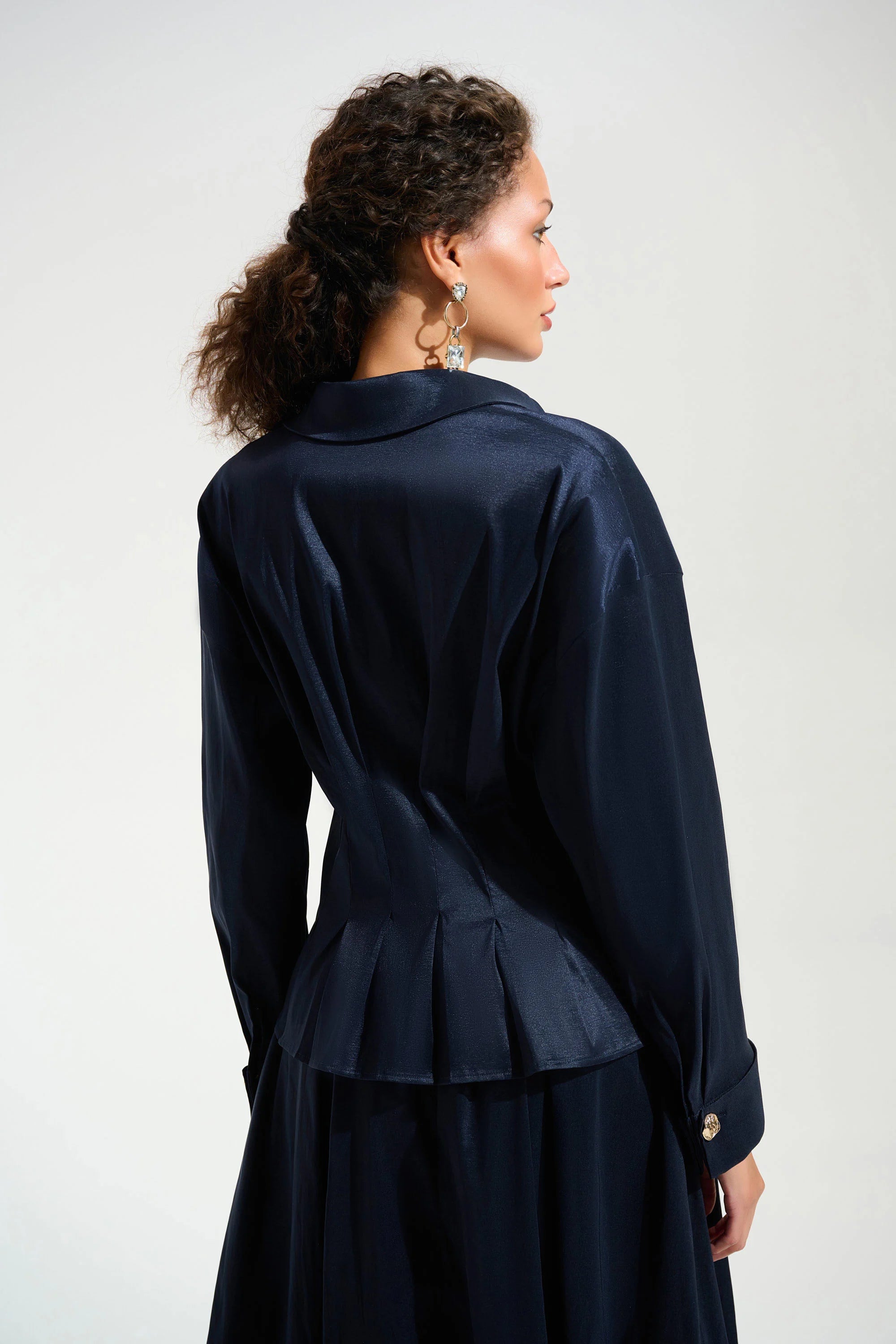 Stretch Taffeta Fit And Flare Blouse With Chain Link Button Cuffs in Navy 261742