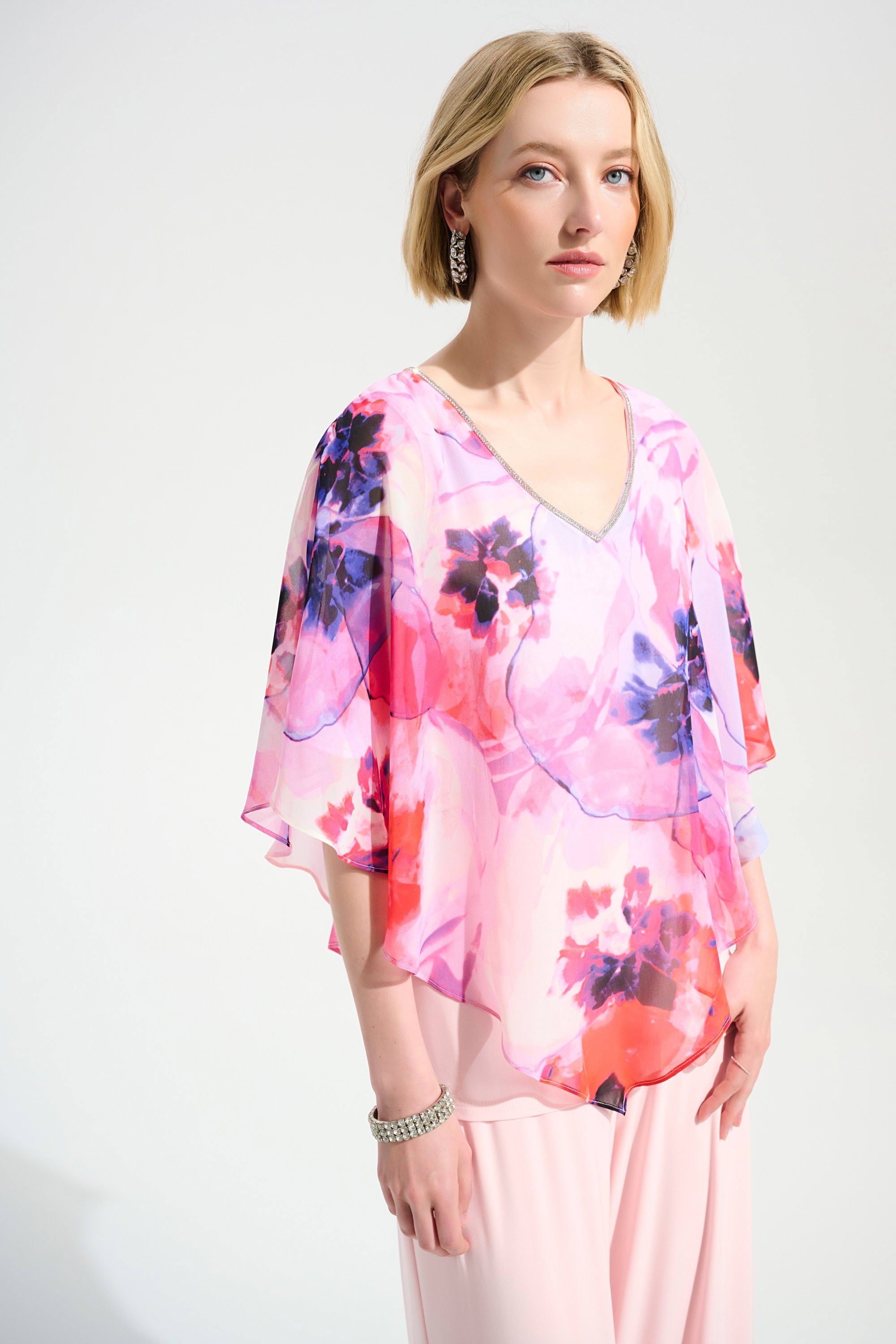 Silky Knit Floral Print Poncho With Chiffon Layer 261777