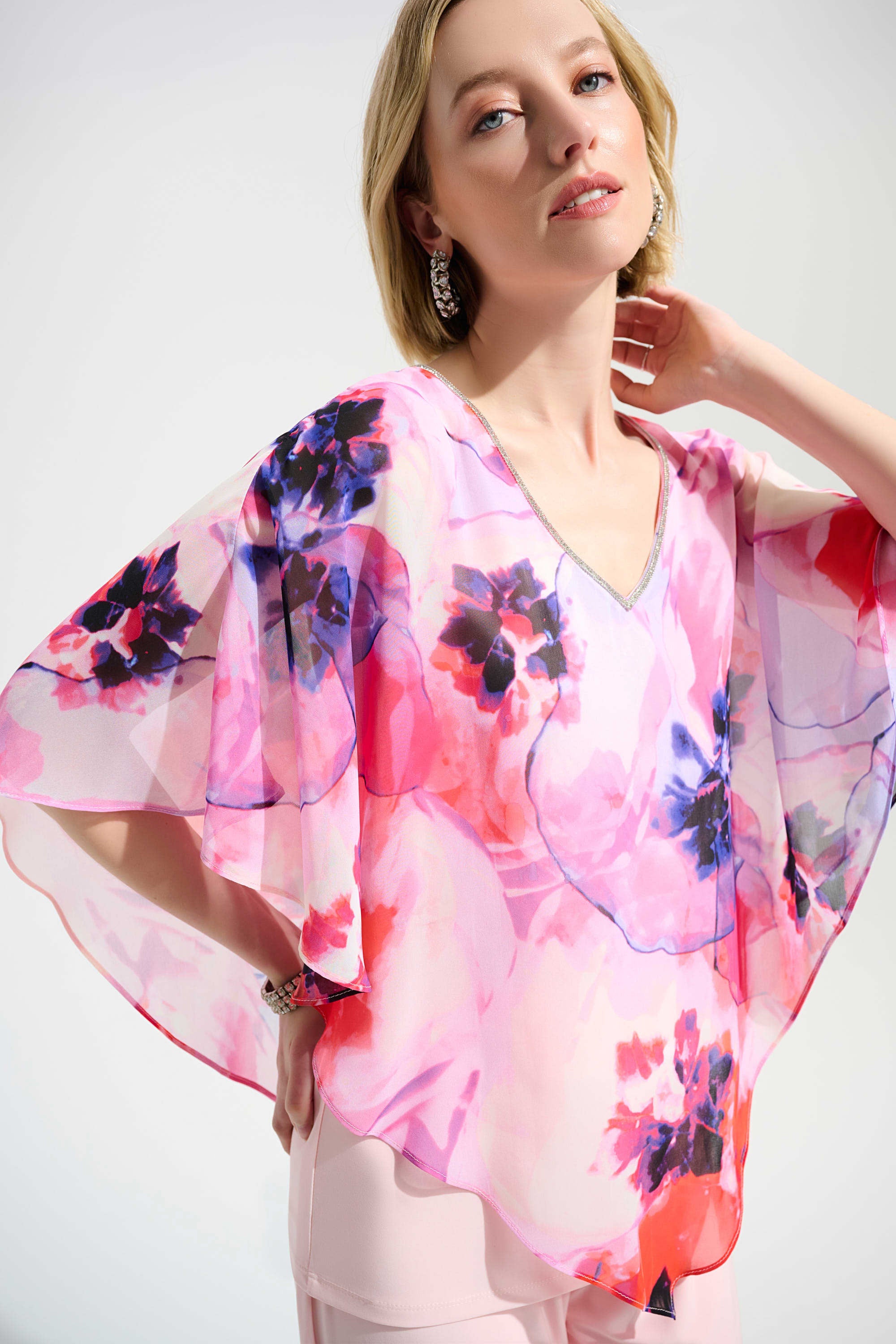Silky Knit Floral Print Poncho With Chiffon Layer 261777