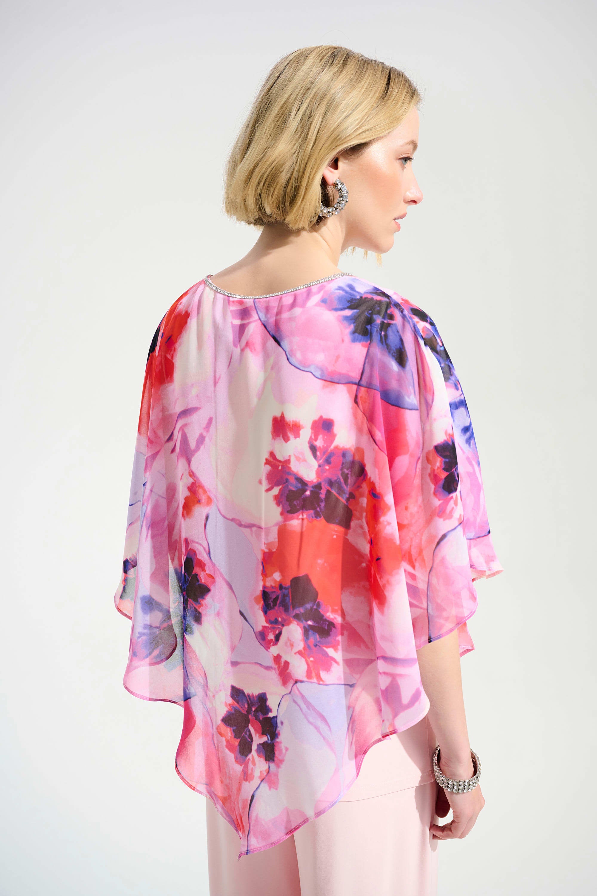 Silky Knit Floral Print Poncho With Chiffon Layer 261777