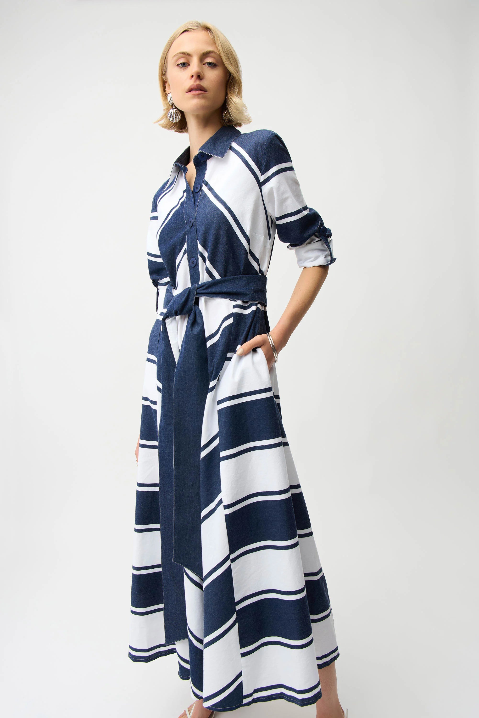 Cotton Stripe Print Fit and Flare Shirt Dress with Reversible Sash 261936
