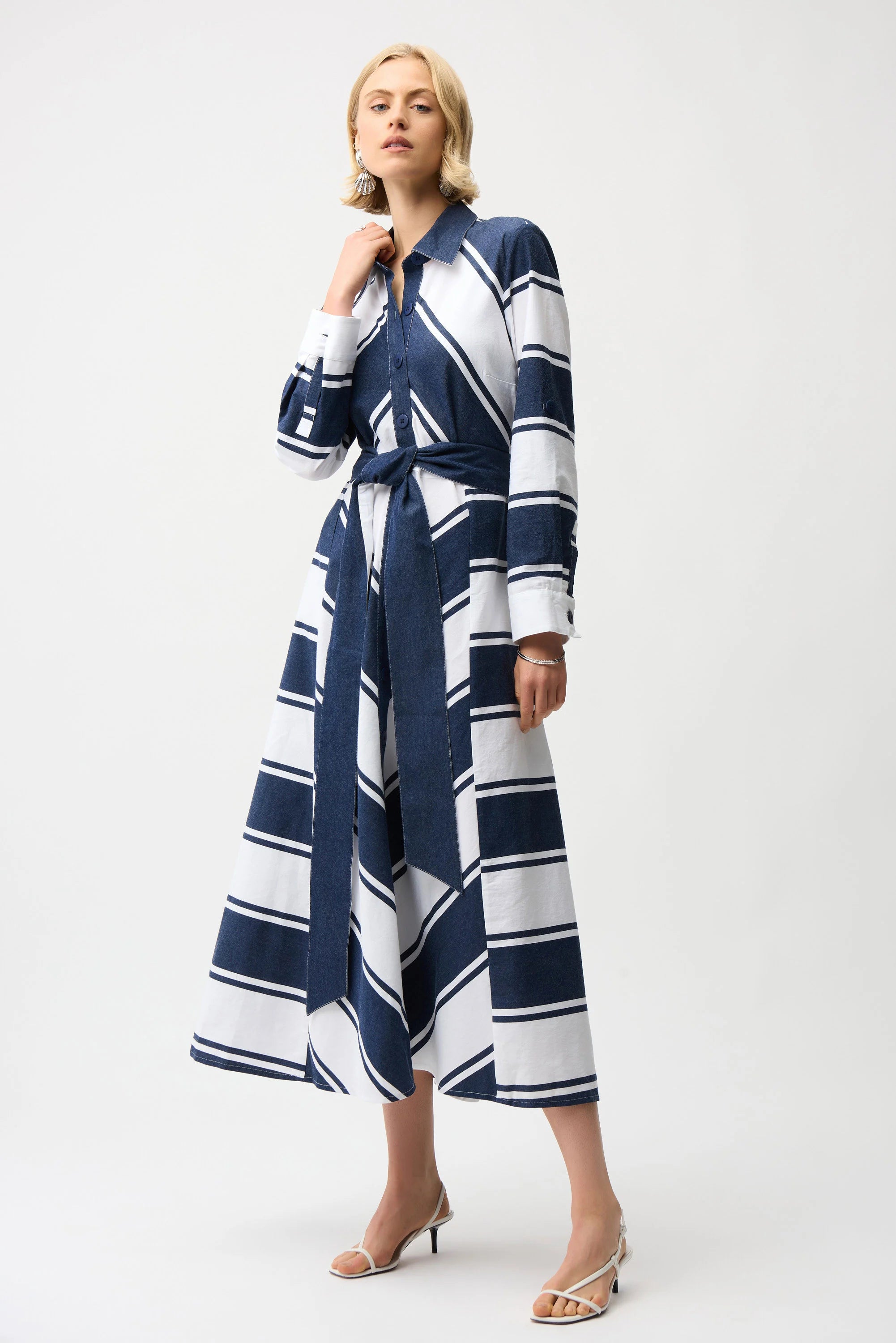 Cotton Stripe Print Fit and Flare Shirt Dress with Reversible Sash 261936