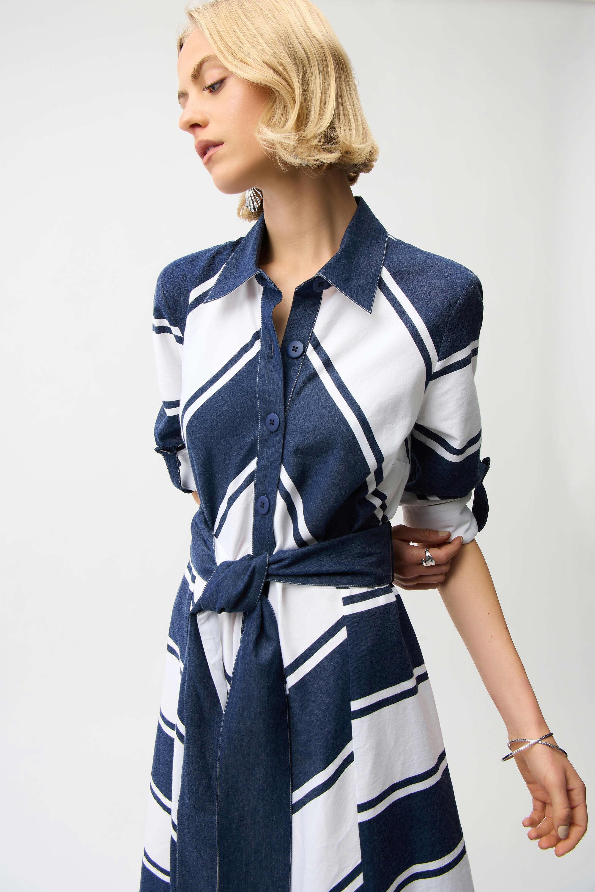 Cotton Stripe Print Fit and Flare Shirt Dress with Reversible Sash 261936