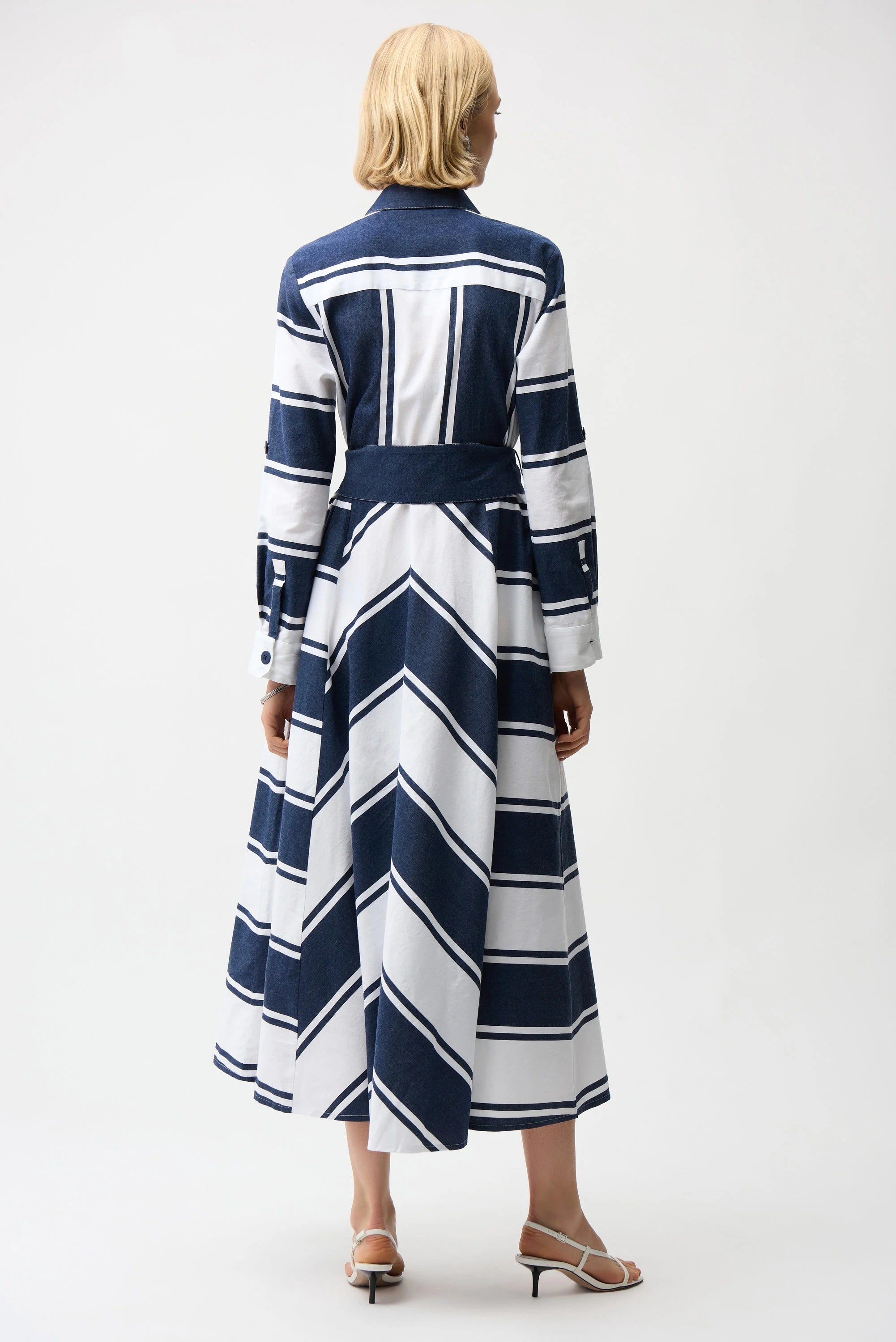 Cotton Stripe Print Fit and Flare Shirt Dress with Reversible Sash 261936