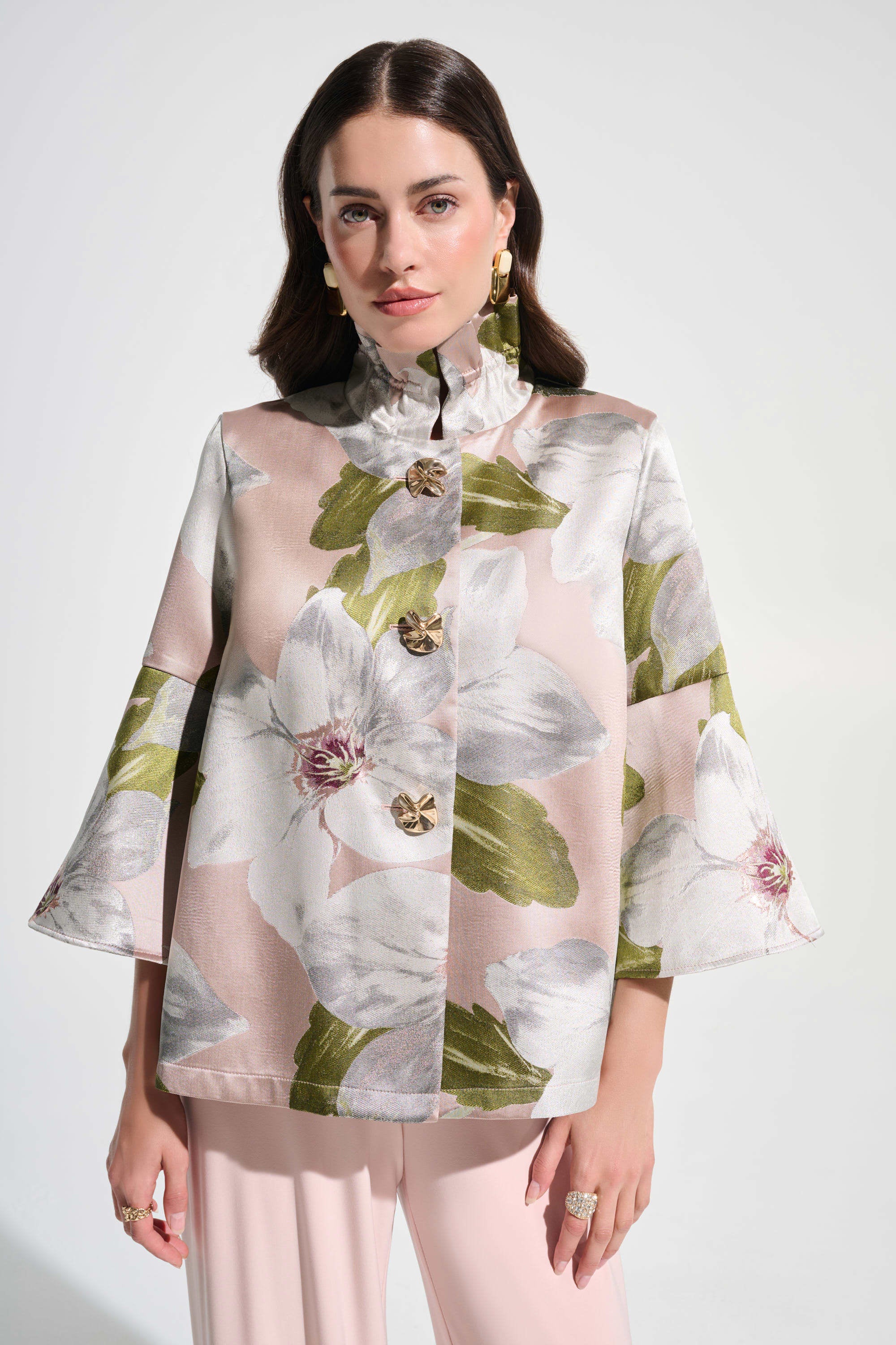 Floral Jacquard Trapeze Jacket With Bell Sleeves 262702