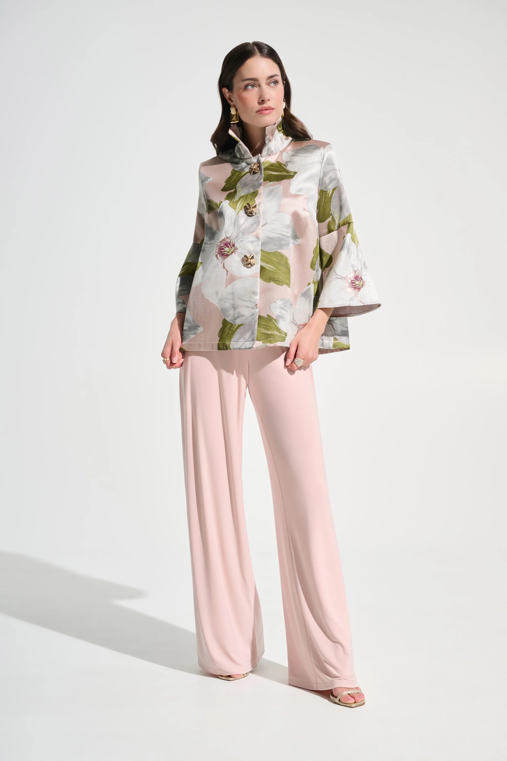 Floral Jacquard Trapeze Jacket With Bell Sleeves 262702