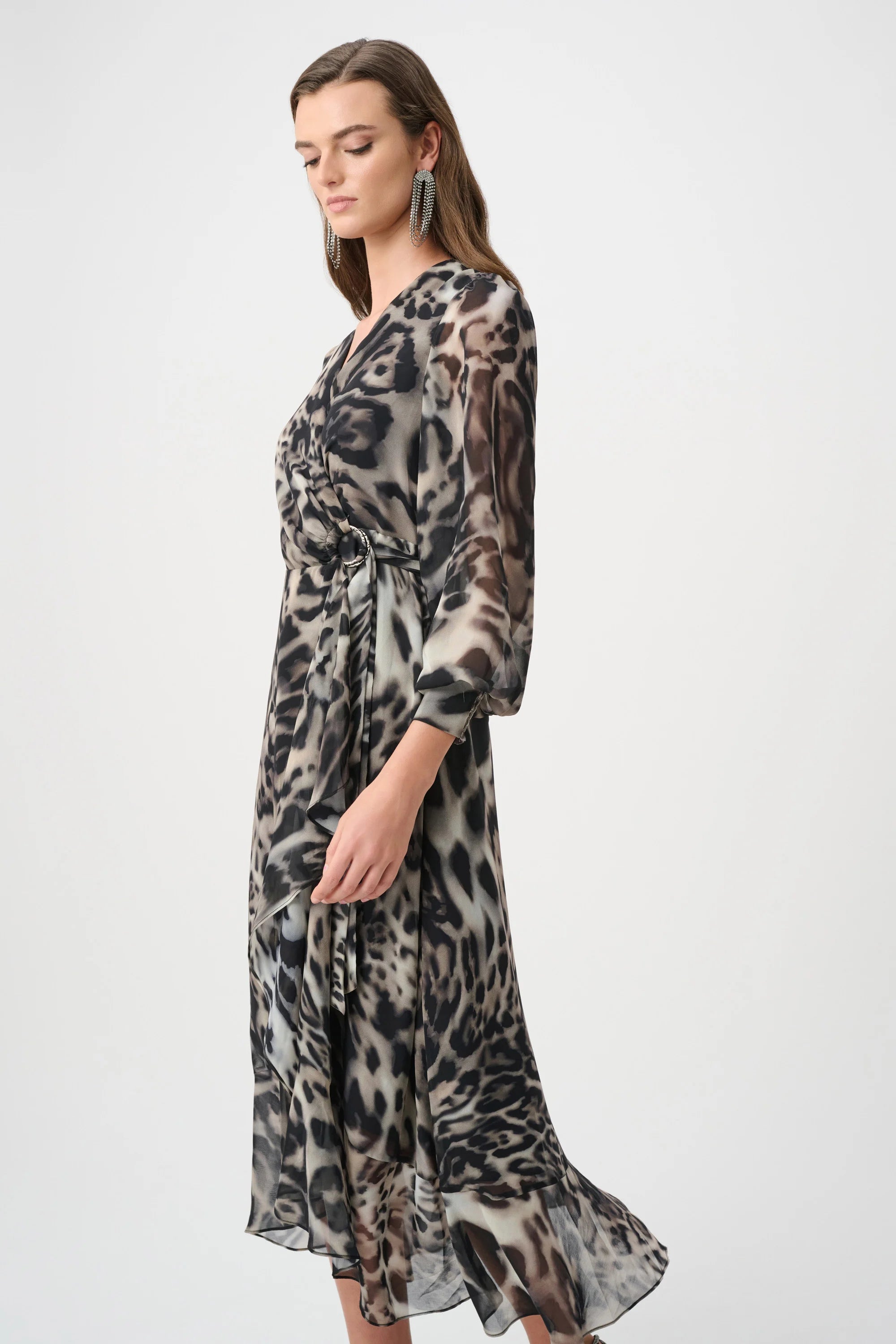 Chiffon Printed Fit and Flare Wrap Dress in Grey Multi Print 263739