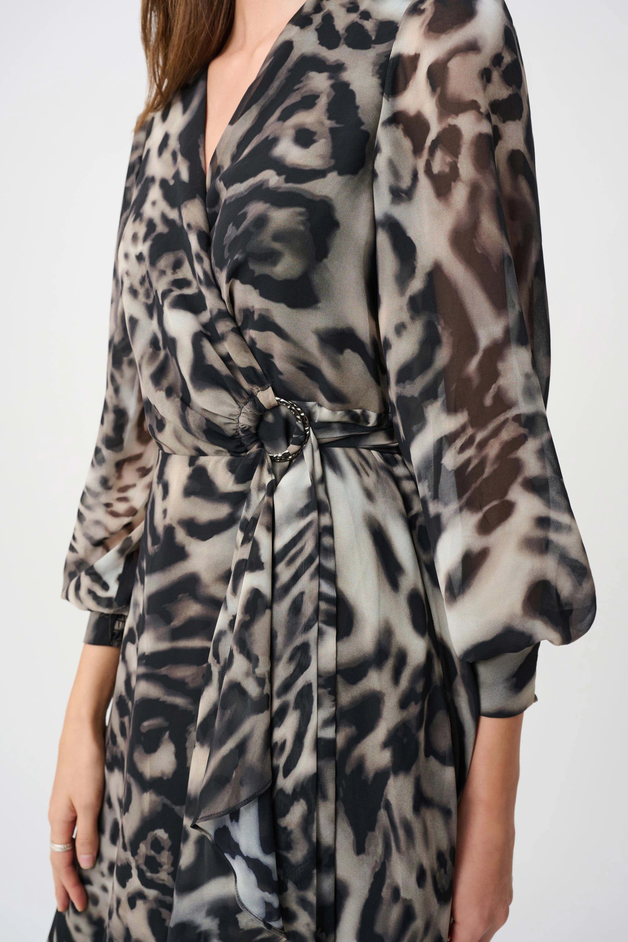 Chiffon Printed Fit and Flare Wrap Dress in Grey Multi Print 263739