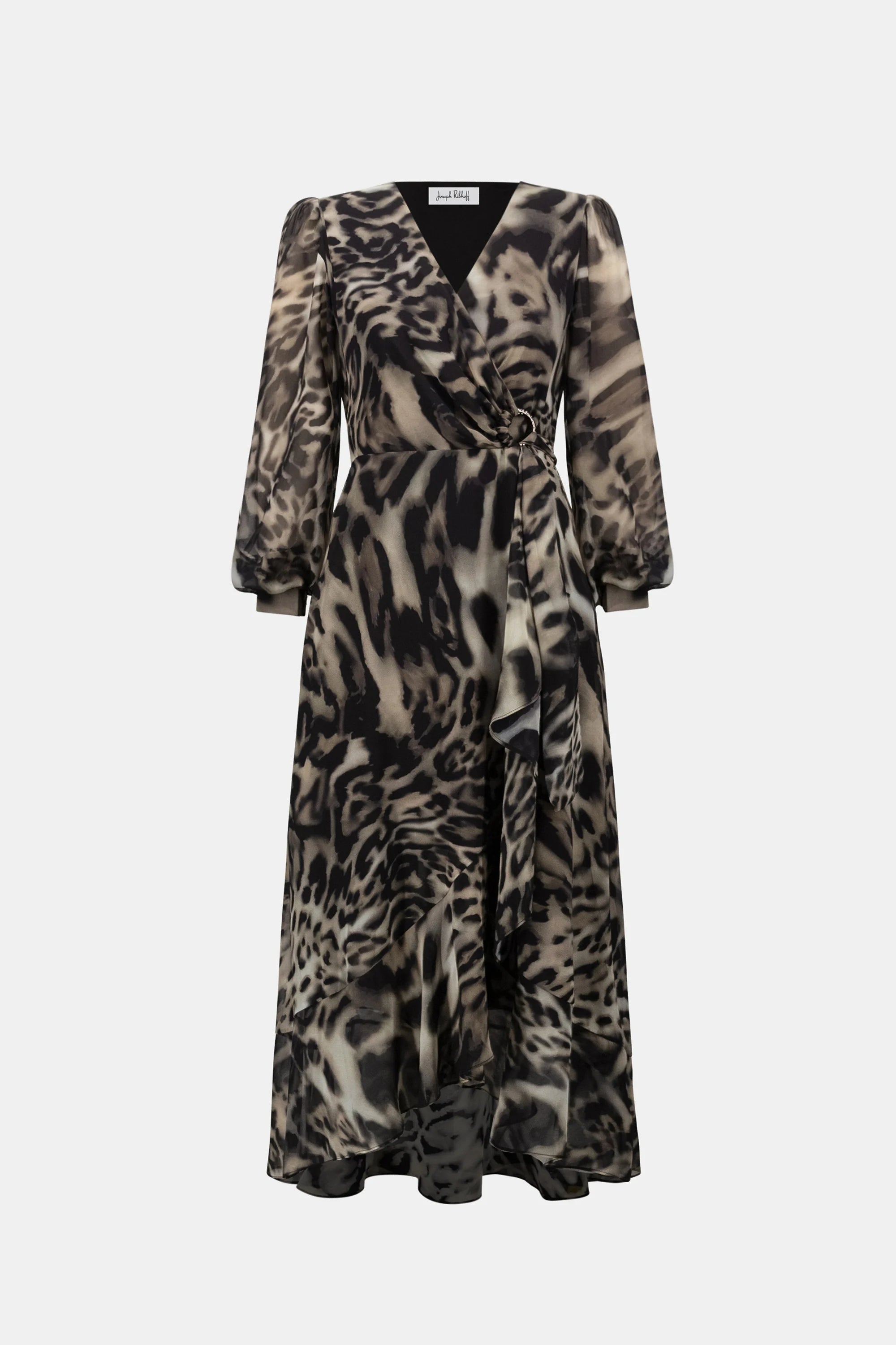 Chiffon Printed Fit and Flare Wrap Dress in Grey Multi Print 263739