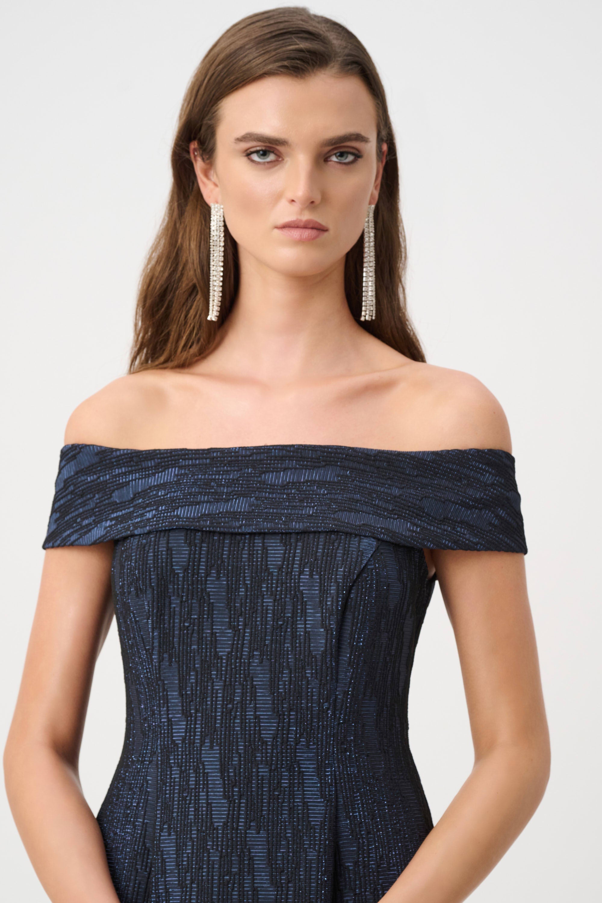|Foil-Textured Jacquard Off-Shoulder Fit and Flare Dress 263742