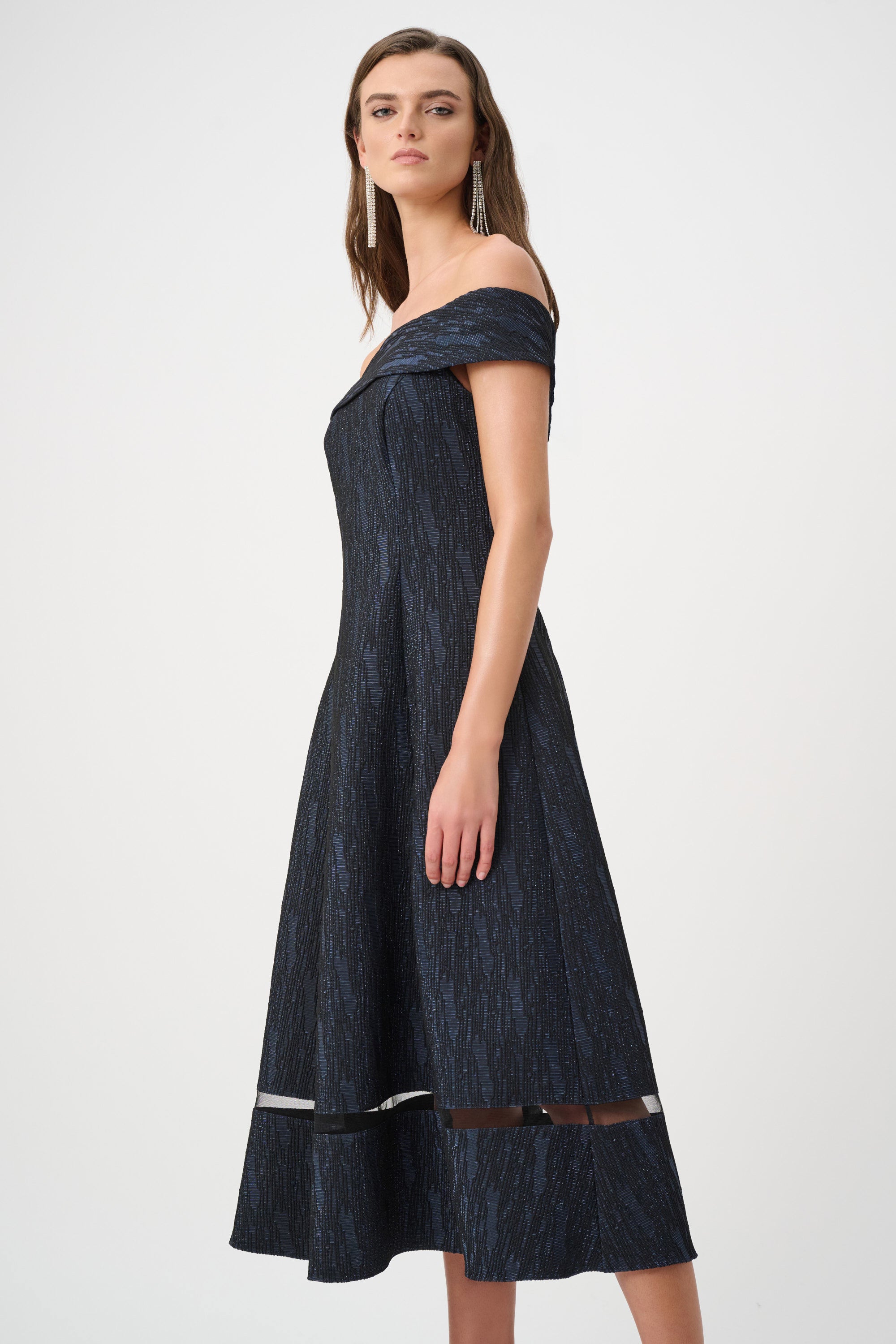 |Foil-Textured Jacquard Off-Shoulder Fit and Flare Dress 263742