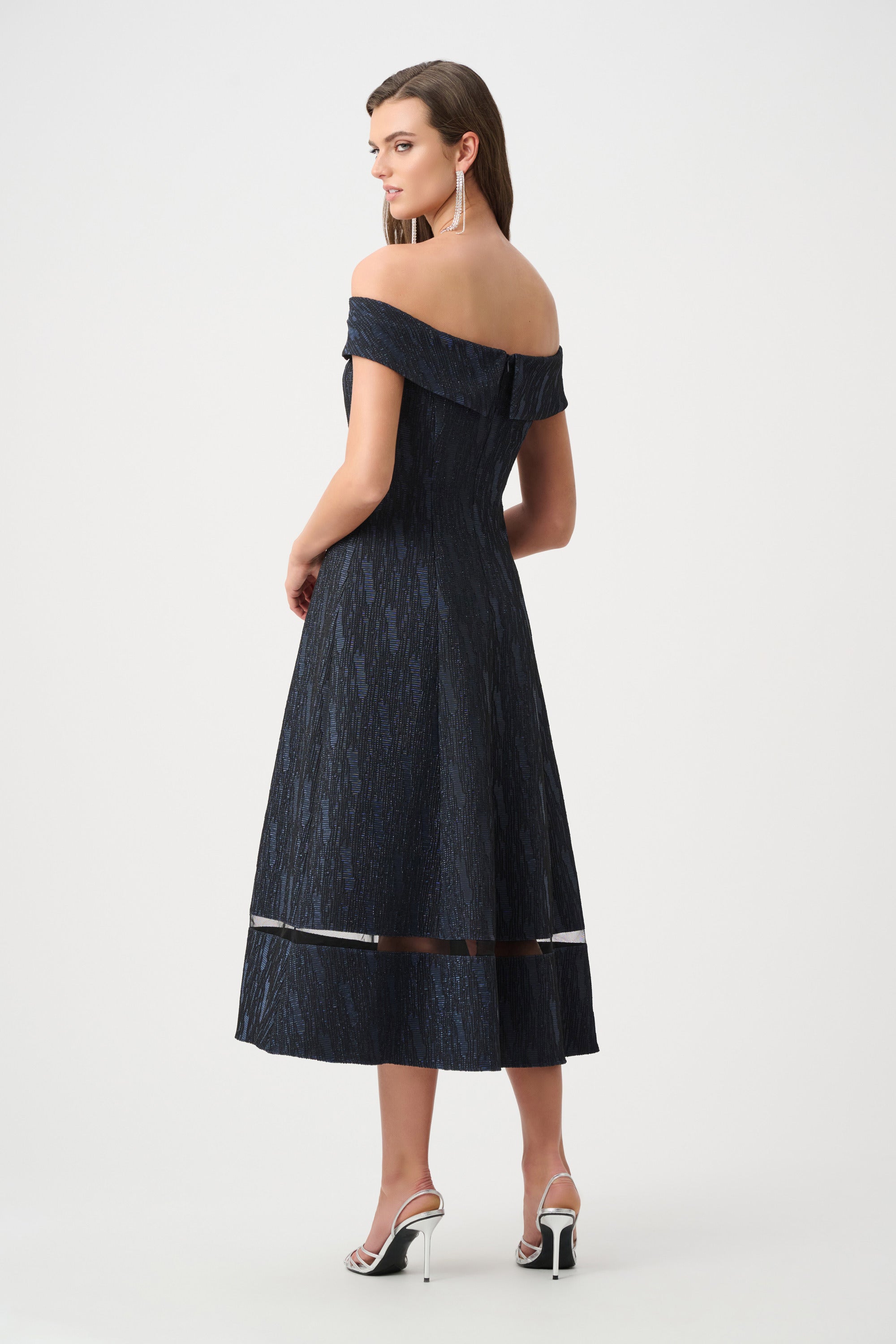 |Foil-Textured Jacquard Off-Shoulder Fit and Flare Dress 263742