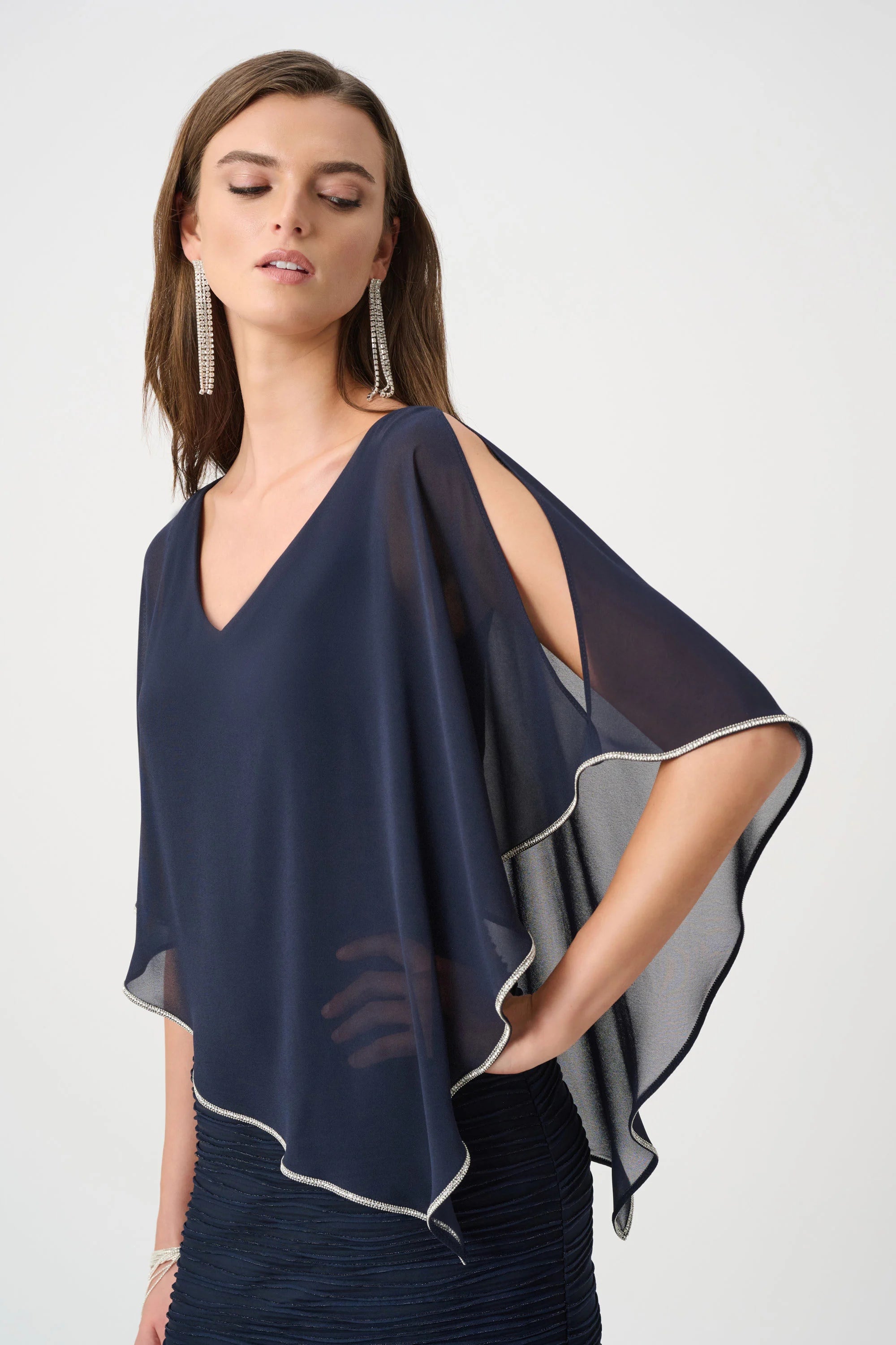 Sparkle Cascade Gown With Chiffon Poncho Overlay 263748
