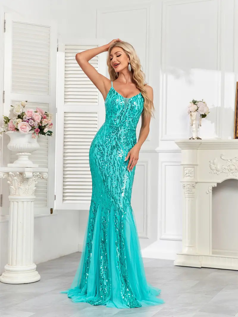 Stunning Mesh Sequin Gown in Emerald
