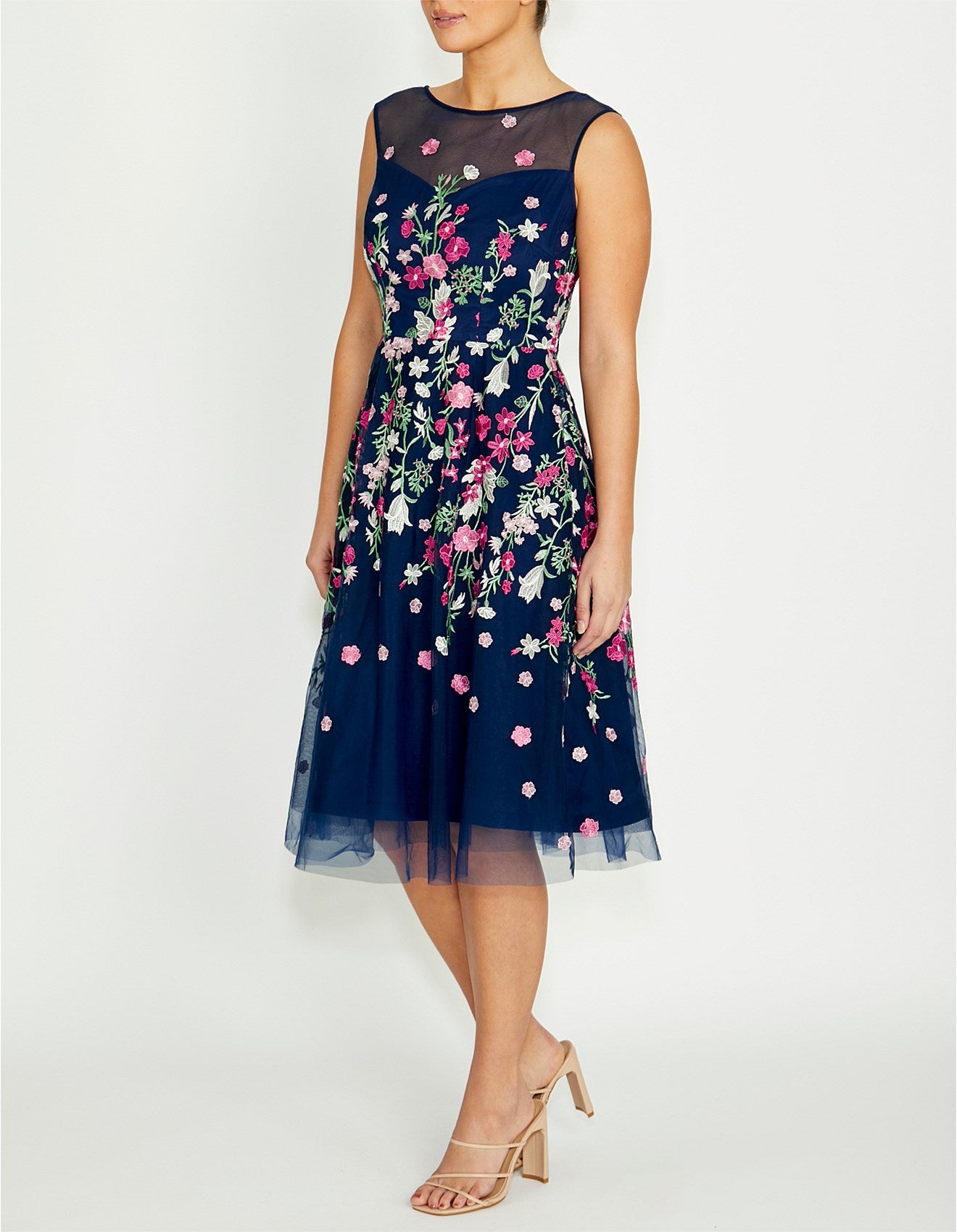 Navy and Pink Floral Embroidered Tulle Dress