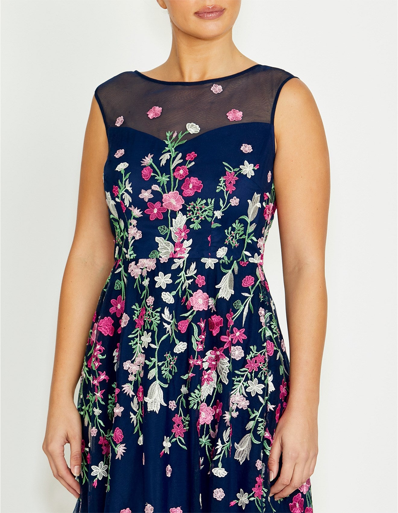 Navy and Pink Floral Embroidered Tulle Dress