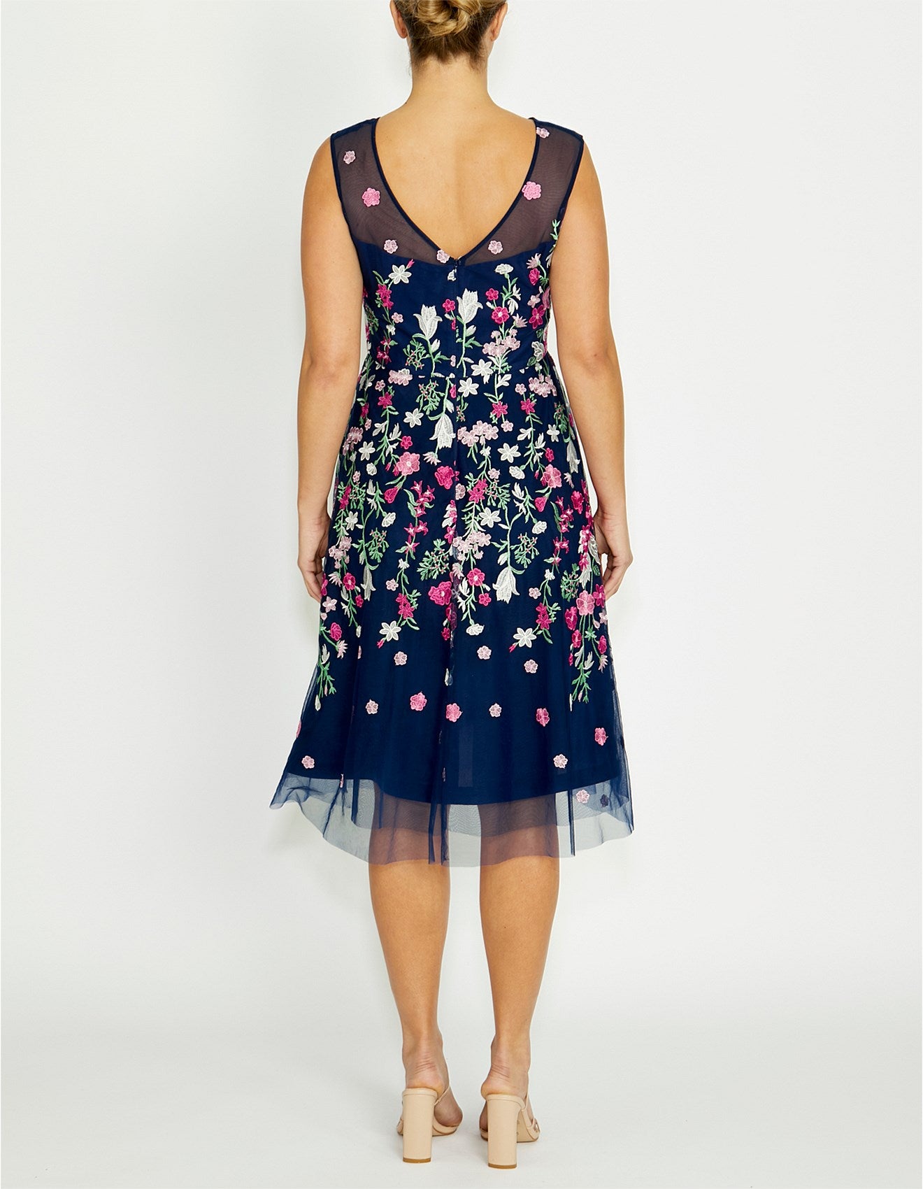 Navy and Pink Floral Embroidered Tulle Dress