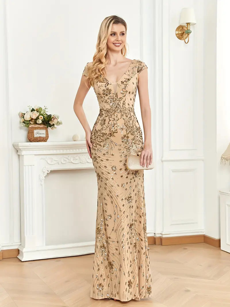Sleeveless V-Neck Sequin Gown in light Gold