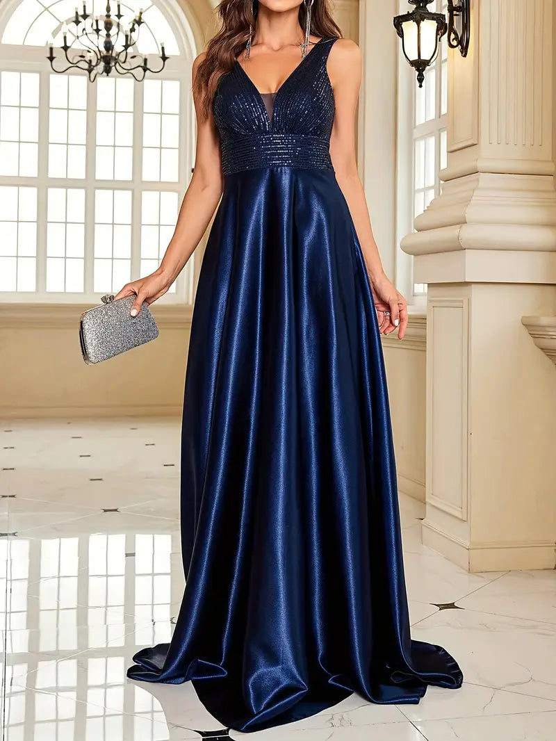 Satin Navy Blue Sequin Dress