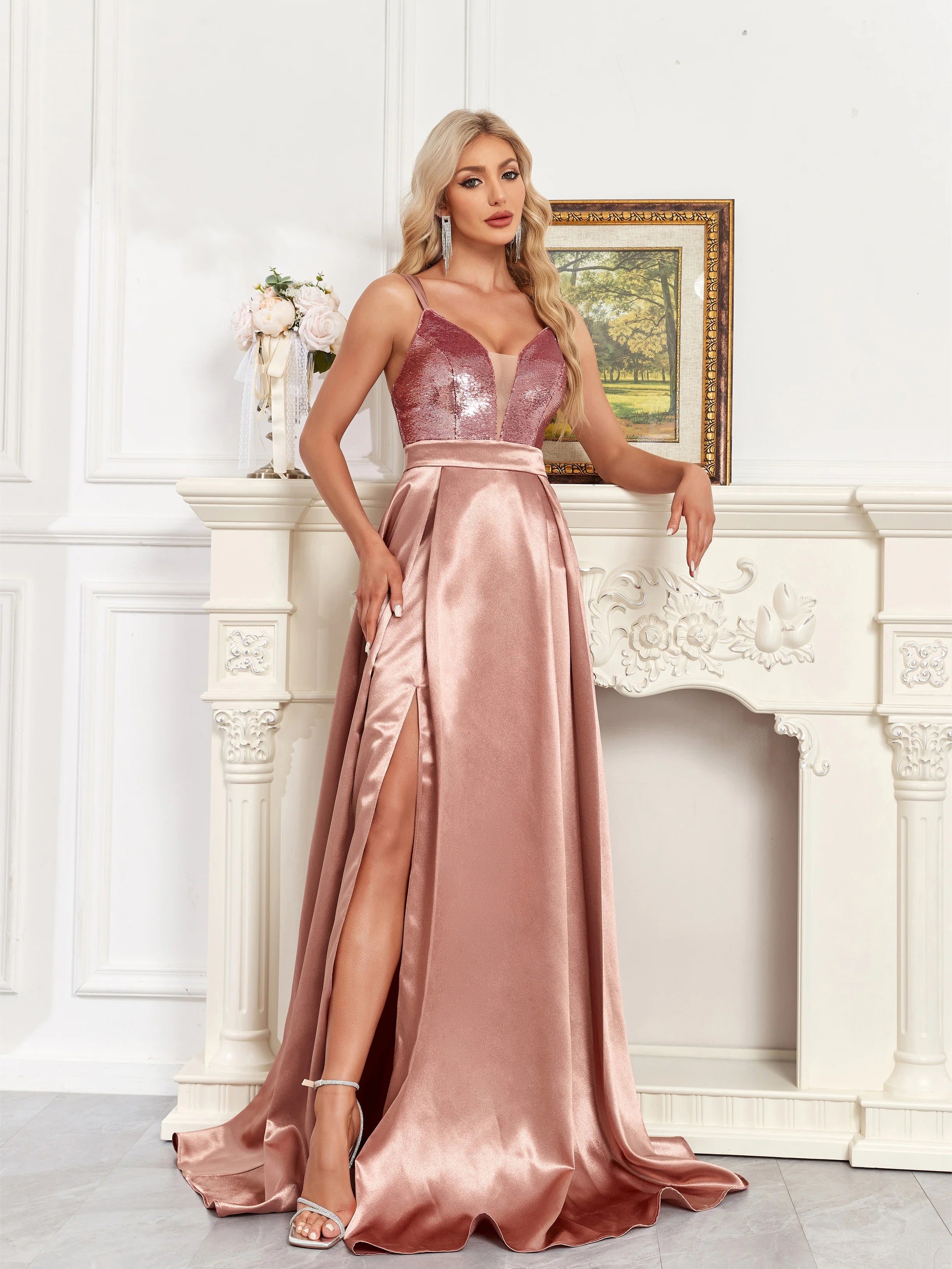 V-Neck Sequin and Satin Ball Dress in Champagne