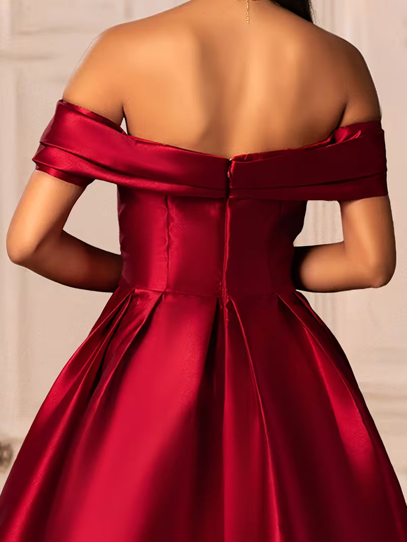 Red Off the Shoulder Gown in Solid Satin