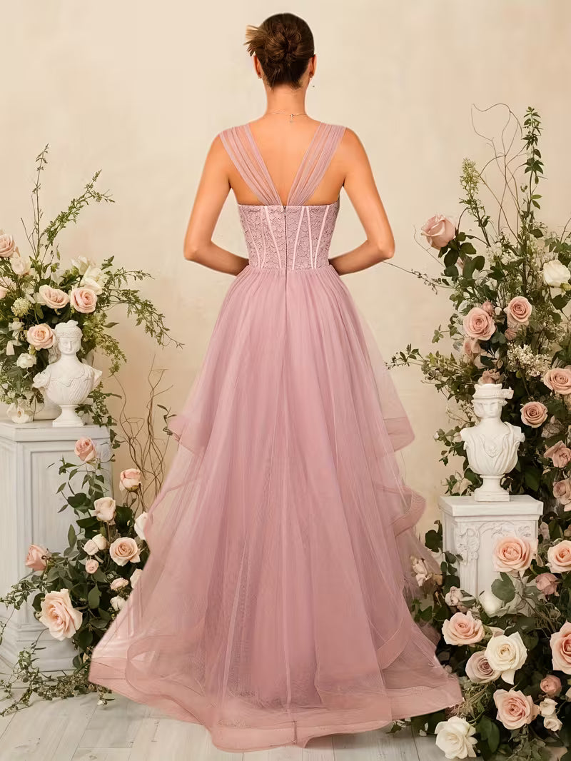 Soft Pink Tulle Gown with Lace Contoured Bodice