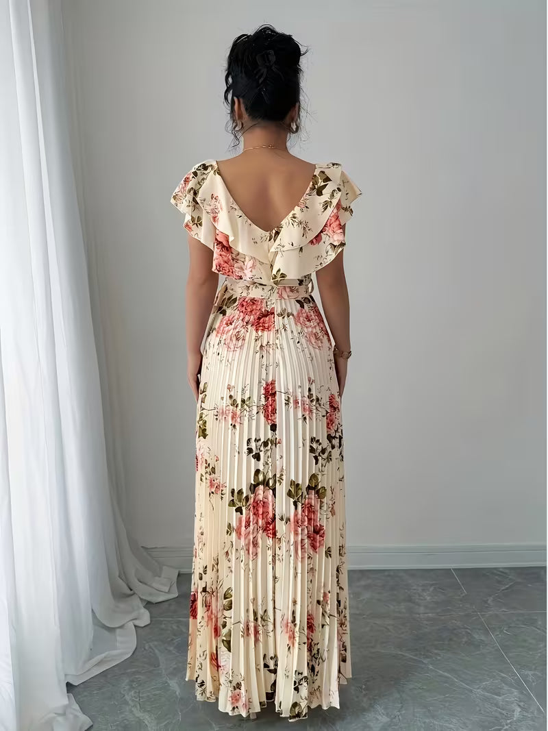 Ruffle Shoulder Floral Print Maxi Dress