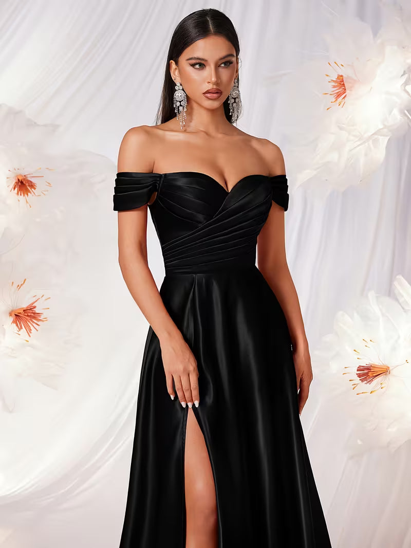 Off the Shoulder Waisted Satin Gown in Black