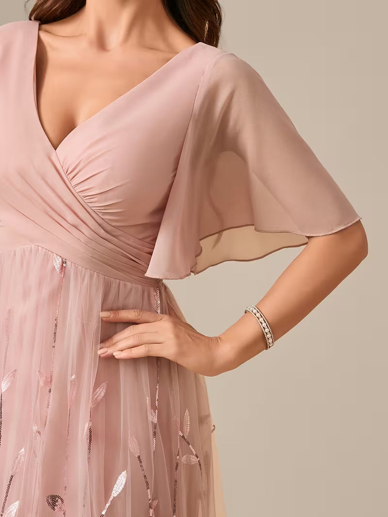 Chiffon & Mesh Leaf Print Gown